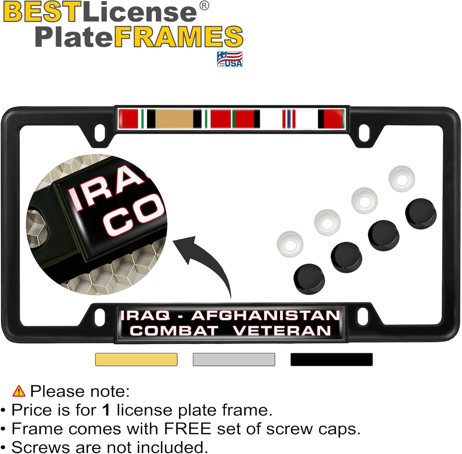 Iraq Afghanistan Combat Veteran with Ribbons Design - Domed Custom-Made Personalized Narrow (Thin) Top 4 Hole Metal Car License Plate Frame with Free caps - Black Frame (Qty: 1)