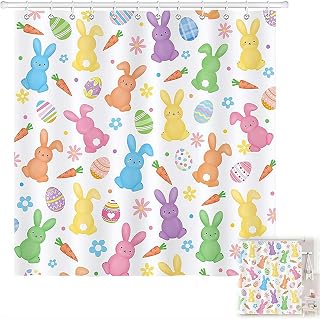 PLGEBR Easter Bunny Shower Curtain, Colorful Rabbits Easter Eggs Carrots Shower Curtains 72x72 Inch, for Spring Bathroom Home Bath Decor Waterproof Fabric