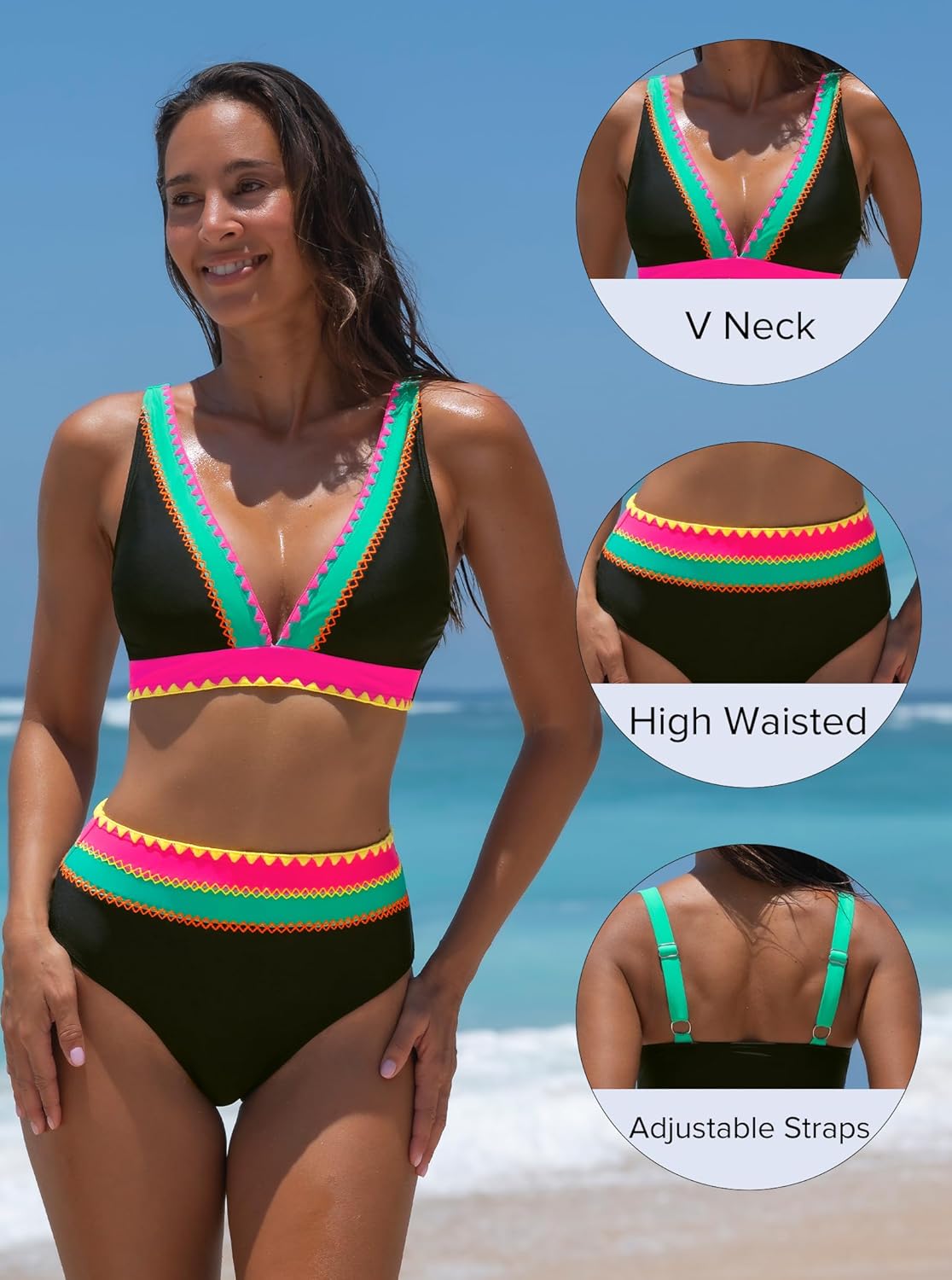 popvil High Waisted Bikini Sets for Women Two Piece Bathing Suits Neon Swimwear V Neck Full Coverage Swim Suits 2026 - Image 7