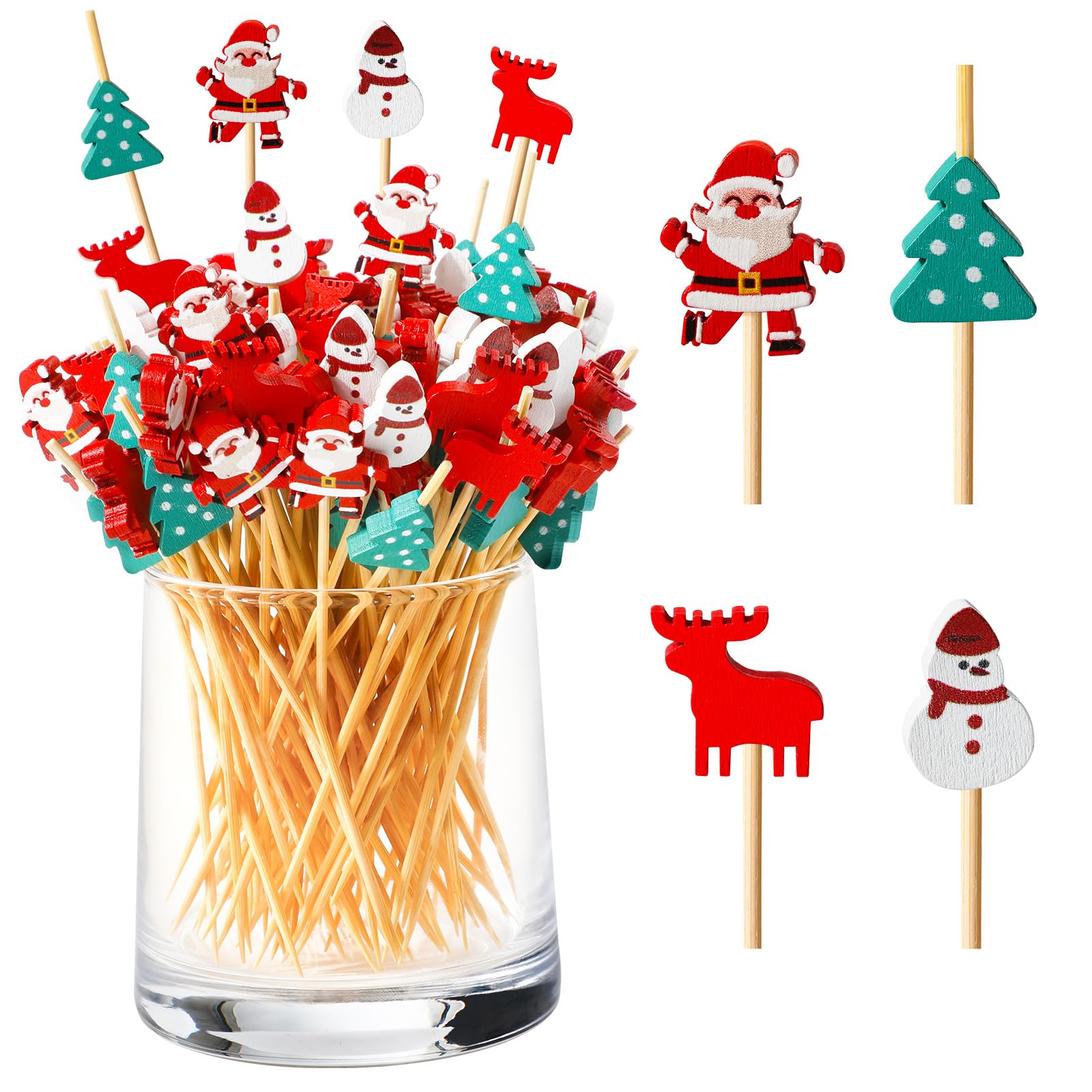 200PCS Christmas Cocktail Sticks 12CM Wooden Cocktail Picks Bamboo Toothpicks Accessories Fruit Sticks Food Garnish Skewers for Xmas Party Drinks Appetizers Grilling Canapes Decorations