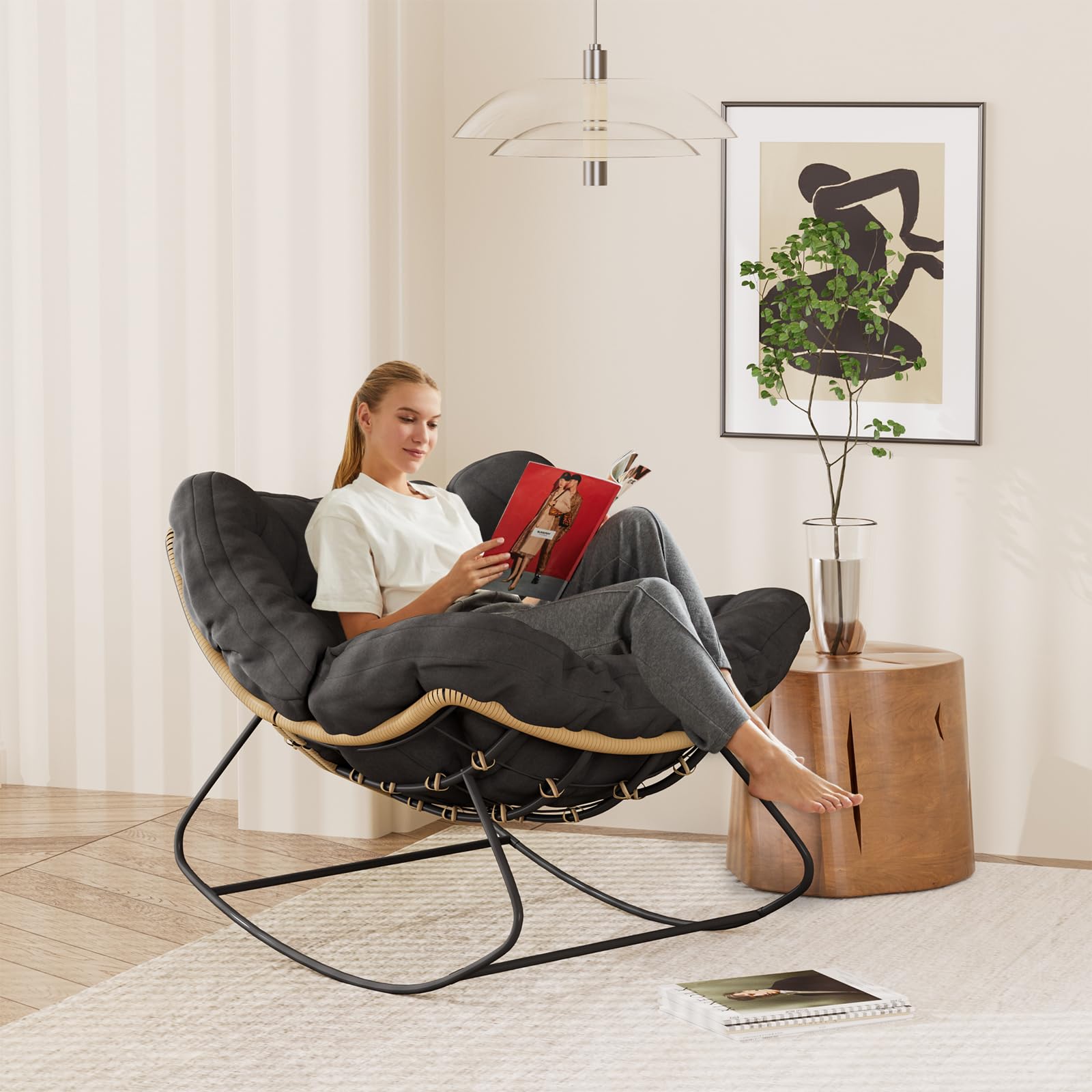 TWSOUL Mecedora para jardín, salón, relax, sillón de ratán, silla mecedora con acolchado, soporta hasta 150 kg, para jardín, dormitorio, salón, balcón (negro)