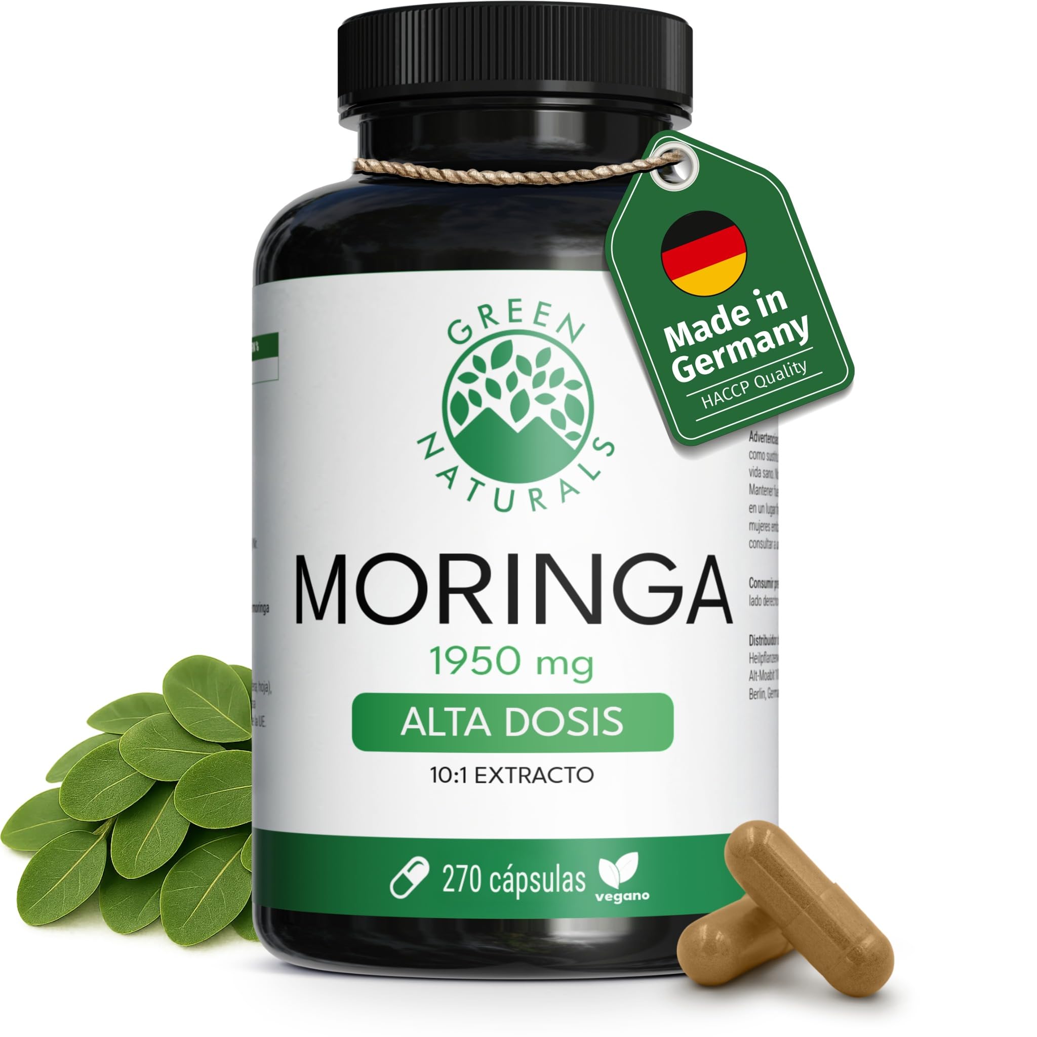 Moringa Oleifera – Alta dosis: 19.500 mg de polvo de moringa (1.950 mg de extracto (10:1)) – 100% vegano y sin aditivos – 270 cápsulas (3 meses) – Vegano y analizado en laboratorio – Green Naturals®