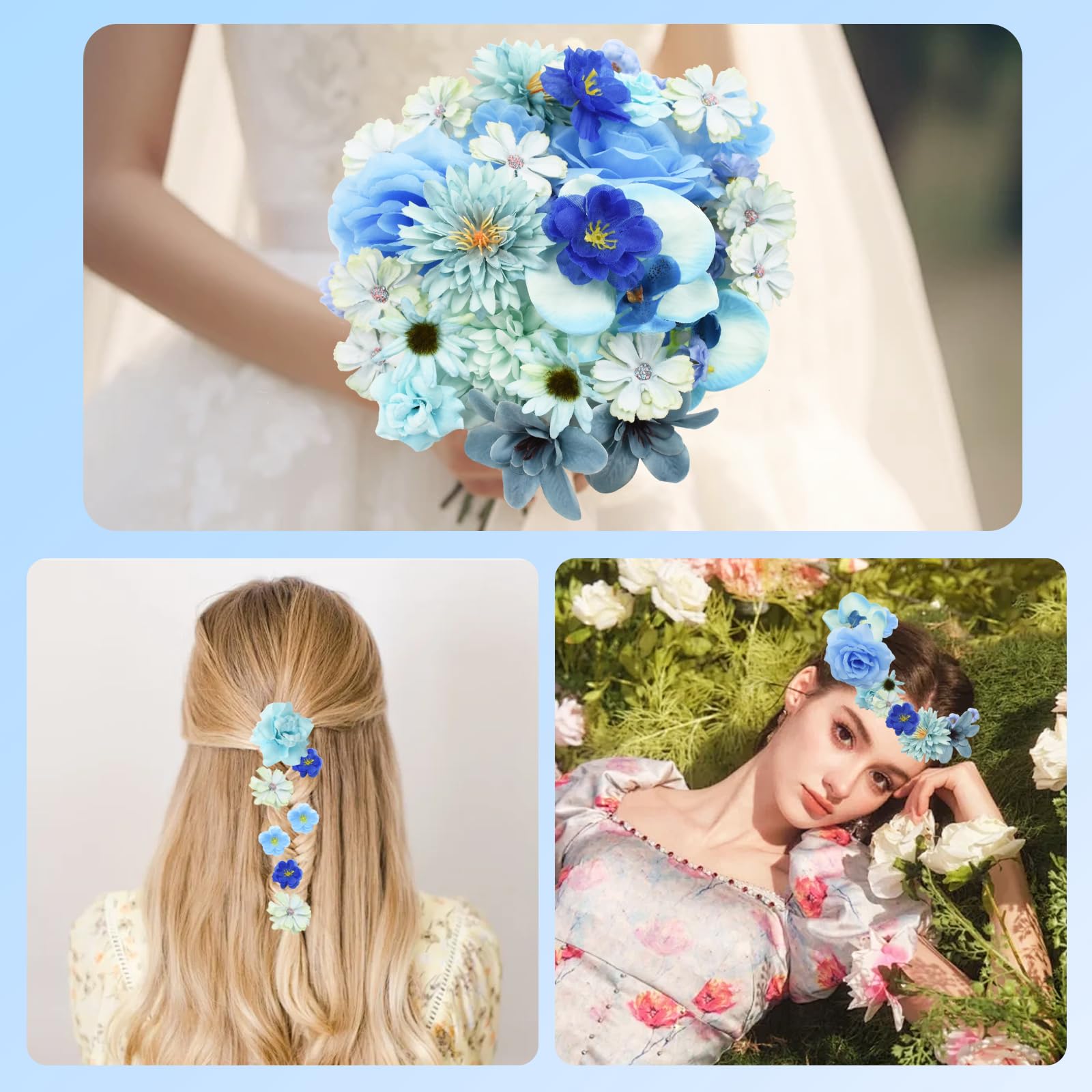 TNSLAND 20 Fleurs Artificielles Deco Avec Tige De Fleur, Petite Fleur Artificielle Decoration, Fausse Fleur Fausses Fleurs Pour Diadèmes, Décoration Mariage, Artisanat, Décoration De Fête, Bleu