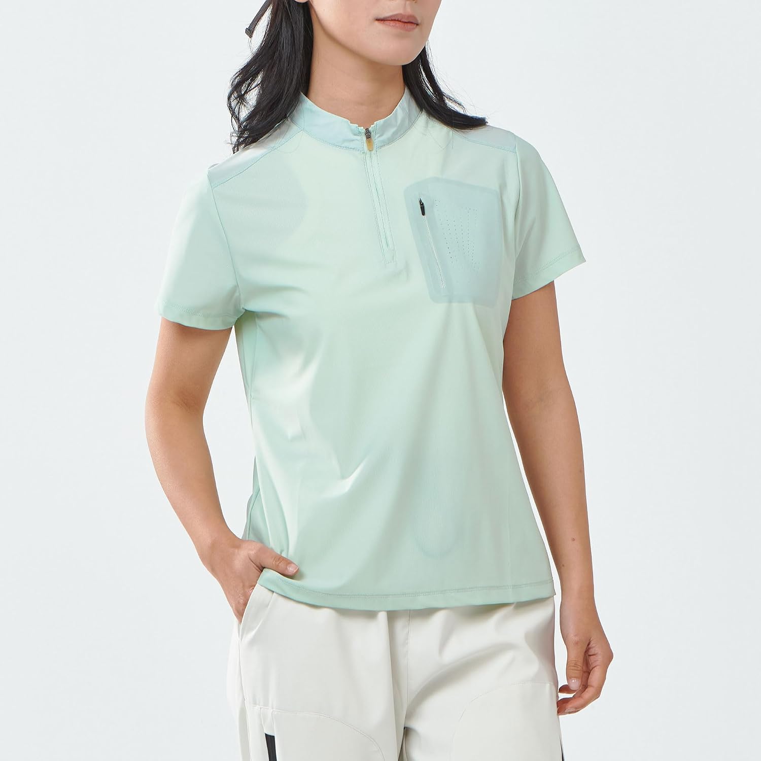 Women's Stand Collar Short Sleeve Top, UPF50+ for Sports & Business