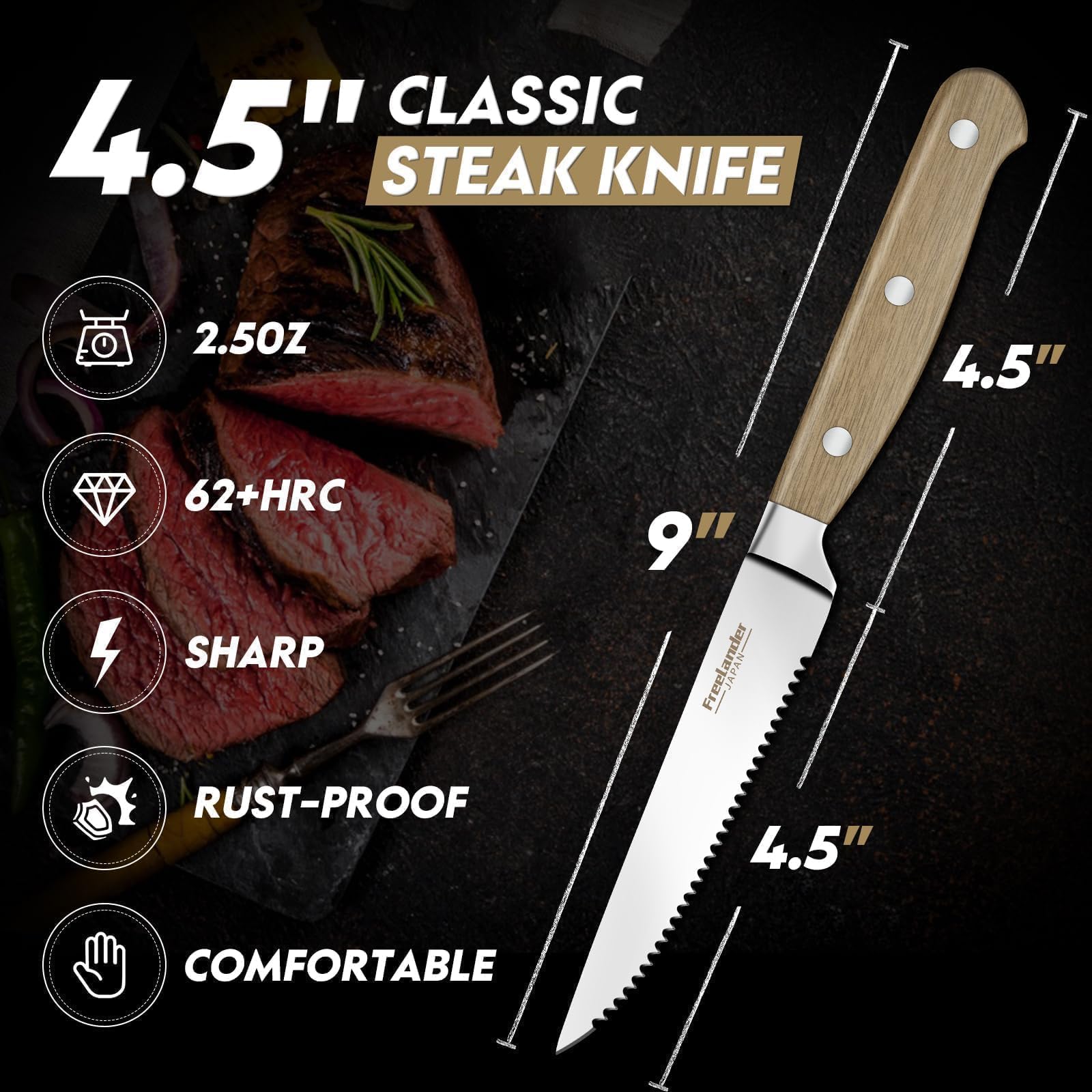 Freelander Juego Cuchillo de Carne 8 piezas, Cuchillos de Mesa con Sierra con Filo Dentado y Mango de Madera Ergonómico, Cuchillos de Bistec Afilados para Cortar Bistec y Carne