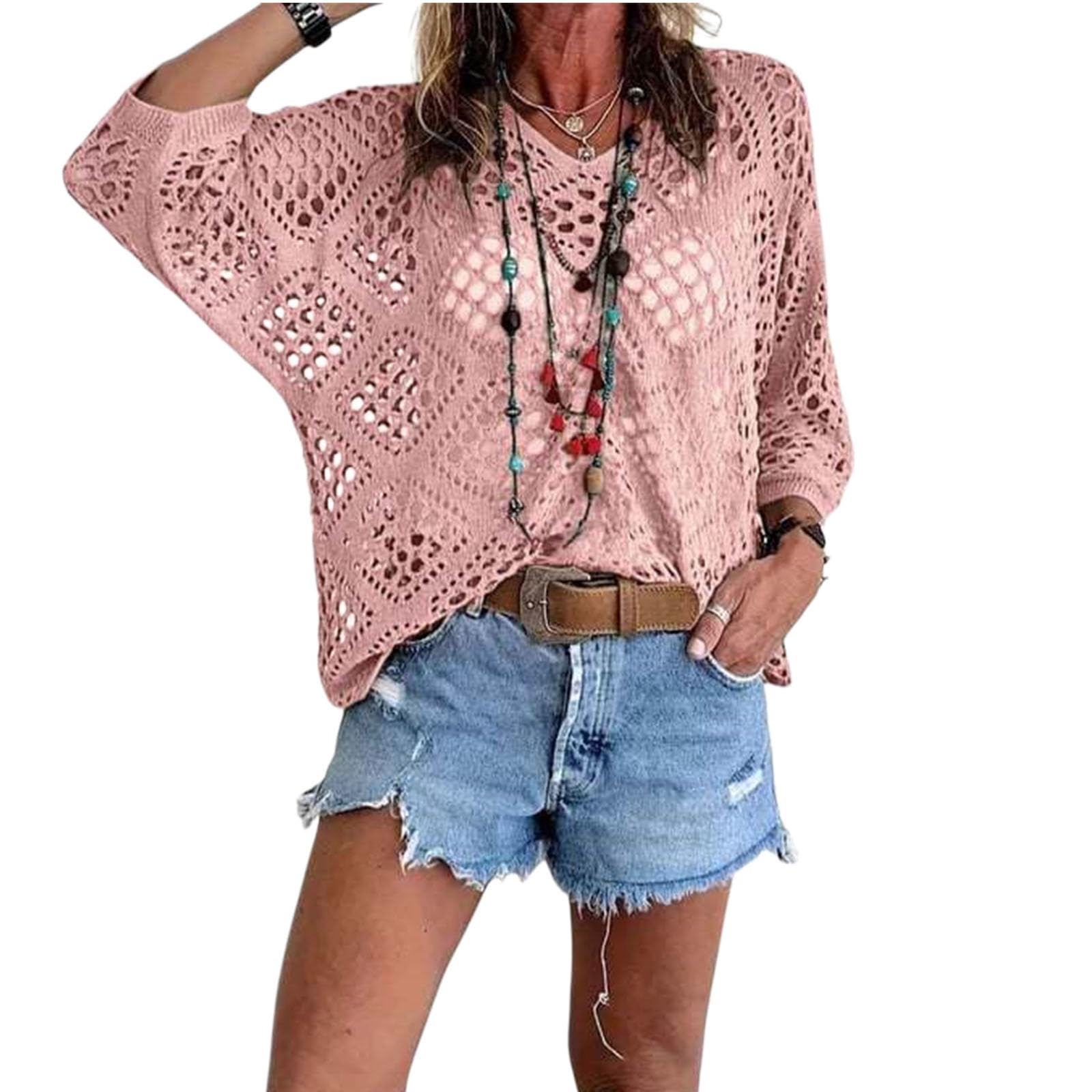 OLYGEE Boho Crochet Tops for Women, V Neck 3/4 Sleeve Hollow Out Summer Beach Cover Up (Pink,l)