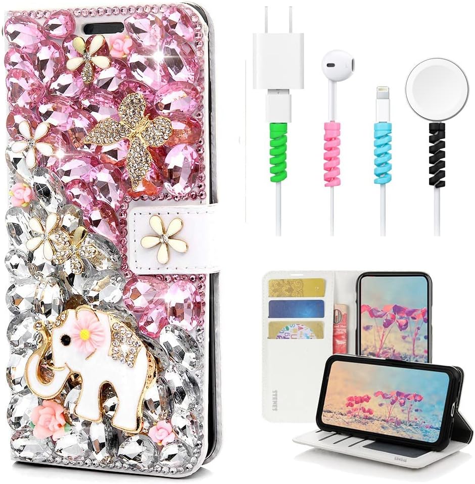 Bling Wallet Phone Case Compatible with iPhone Air / 17 Air - Stylish - 3D Handmade Crystal Elephant Butterfly Flower Magnetic Leather Cover with Cable Protector [4 Pack] - Pink