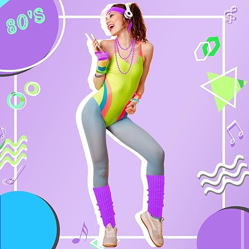 Miniatura 4 de Accesorios de disfraces de los años 80 y 90 para mujer, diadema de neón de los años 80, aretes, calentadores de piernas, conjunto de traje de fiesta