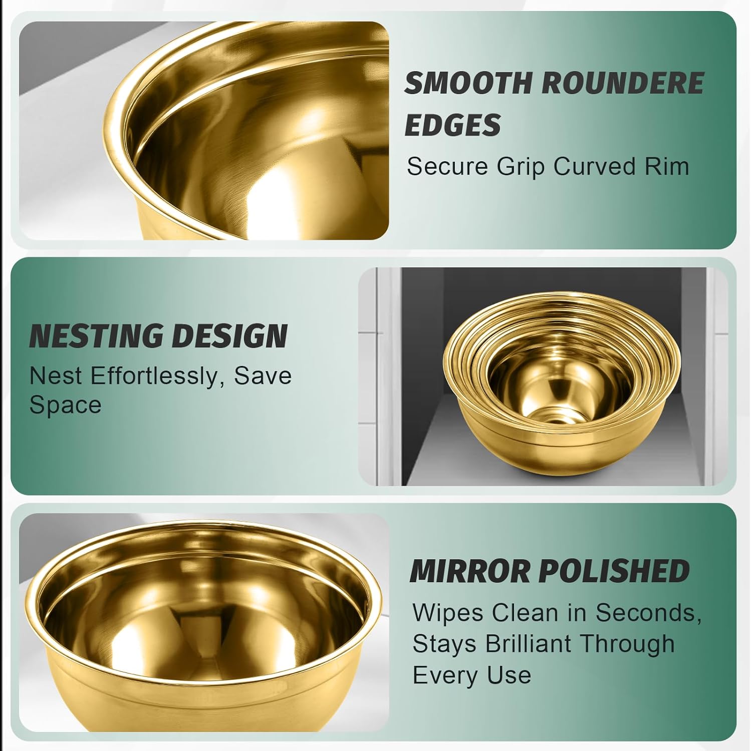 BEWOS 5PCS Mixing Bowls with Lids Set - 5 Stainless Steel Mixing Bowls, Dishwasher Safe, Ideal for Baking & Meal Prep, Stackable Design for Easy Storage - Image 5