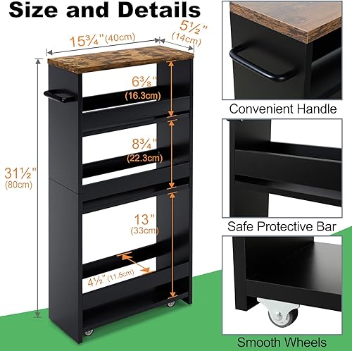 Miniatura 7 de MARTY - Carrito de almacenamiento rodante de 4 niveles, color negro, carrito de cocina con ruedas, carrito delgado de almacenamiento con asa,