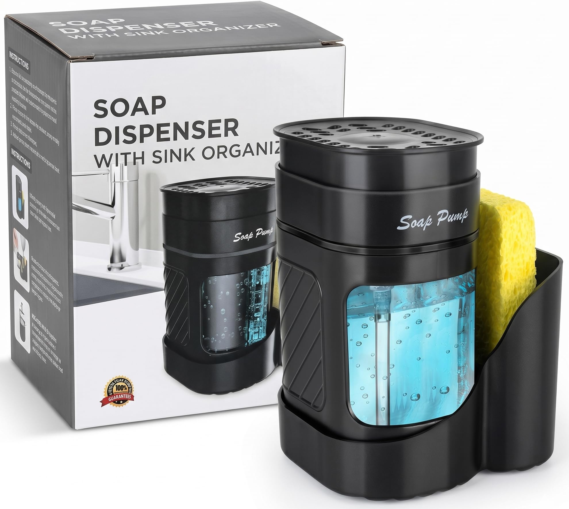 Bingobang 3-in-1 Soap Dispenser with Sponge Holder Black Kitchen Sink Caddy