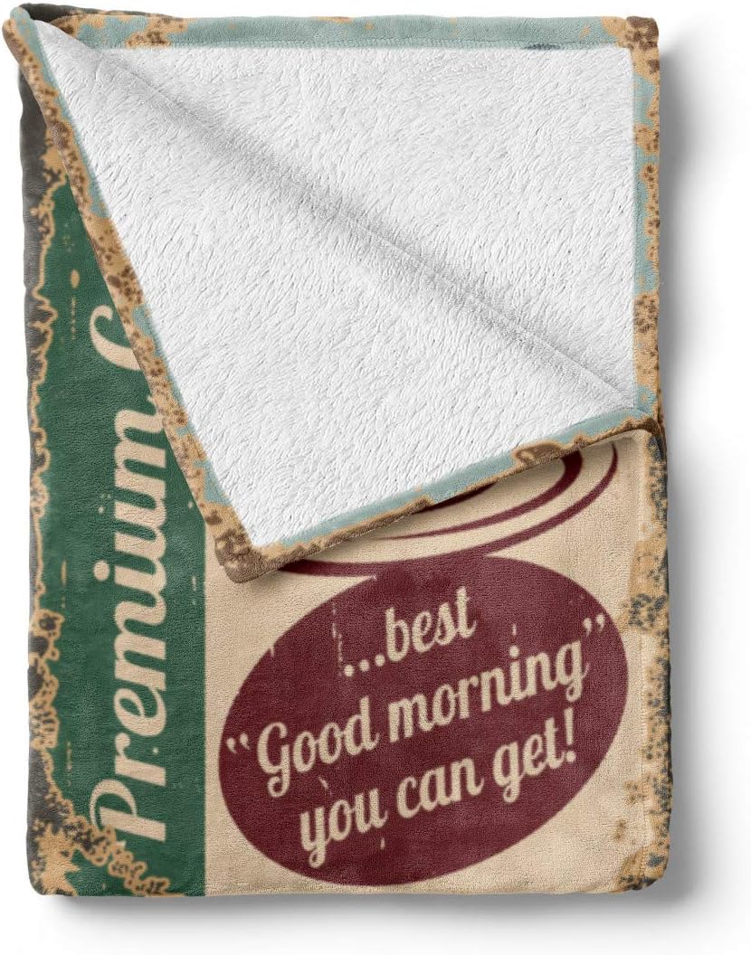 Lunarable 1950s Throw Blanket, Coffee Posters and Signs Design Bean Cup Espresso Mug Cappuccino Logo Print, Flannel Fleece Accent Piece Soft Couch Cover for Adults, 50" x 70", Red Blue