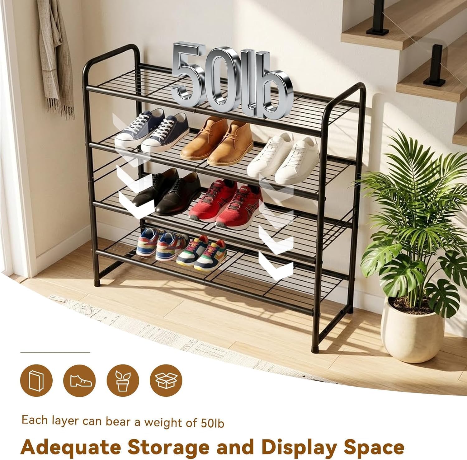 Shoe Rack, 4 Tier 32.5" Wide Stackable Metal Shoe Shelf with Height-Adjustable for Entryway, Closet, Black