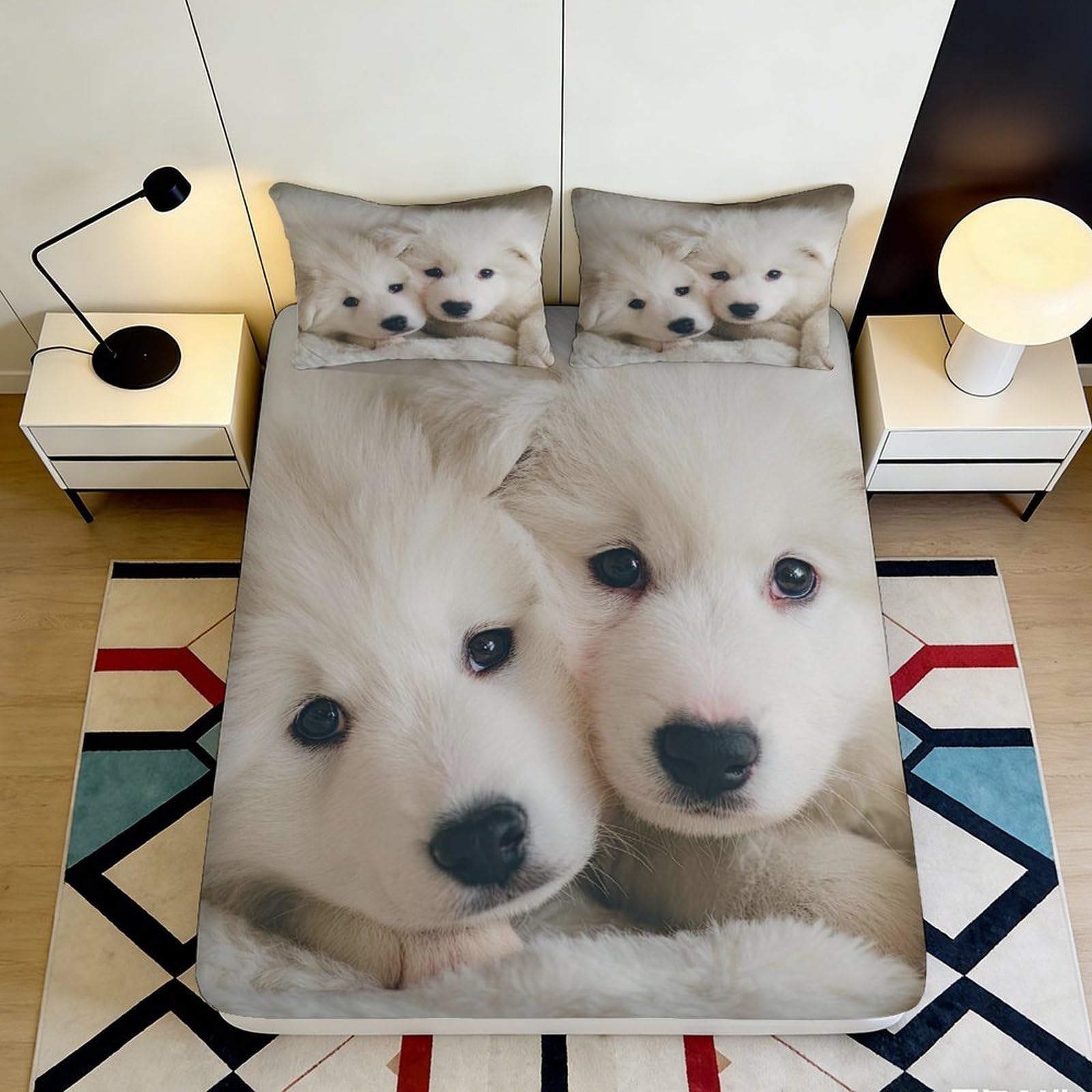 3D Printed White Puppy Fitted Sheet Microfiber Soft Breathable Fluffy Dog Bed Cover for Bedroom Dormitory Guest Room Mattress Protection Decor 200x200x25cm