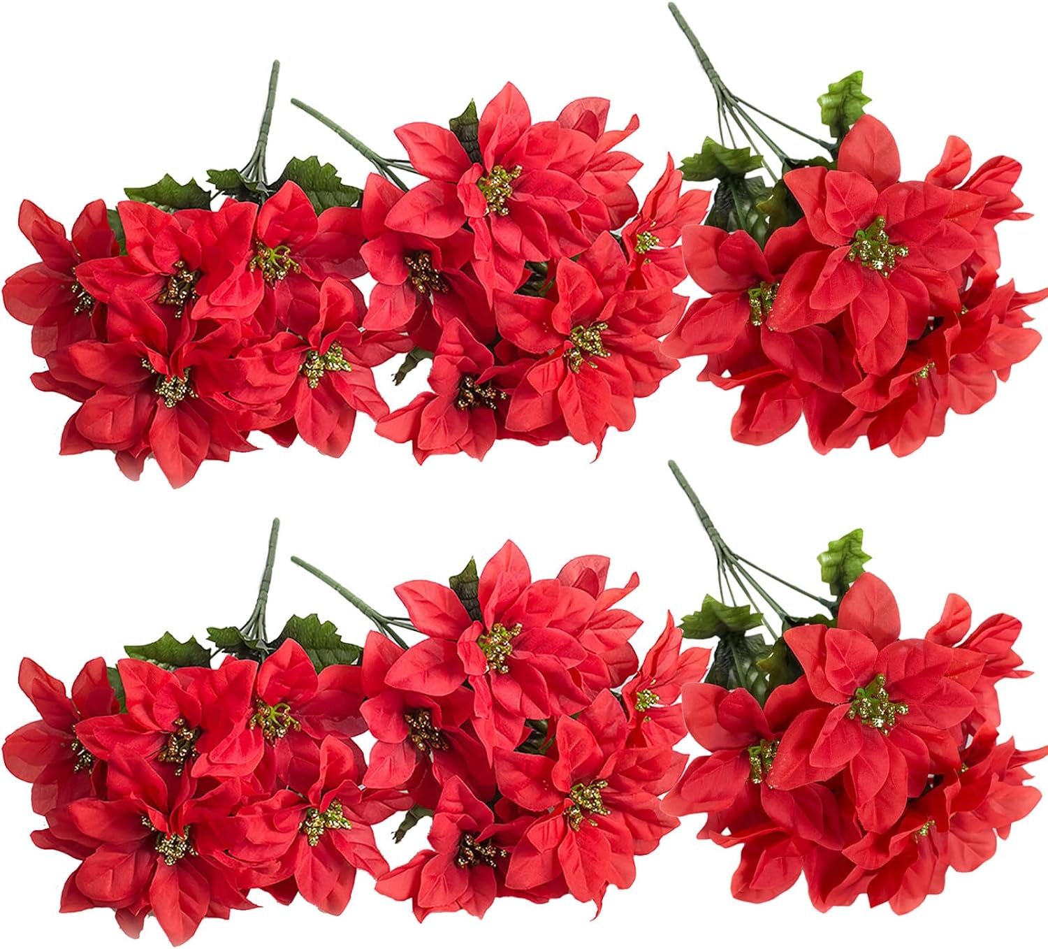 RTWAY Artificial Poinsettia Bushes, 4 Pack 7 Heads Silk Fabric