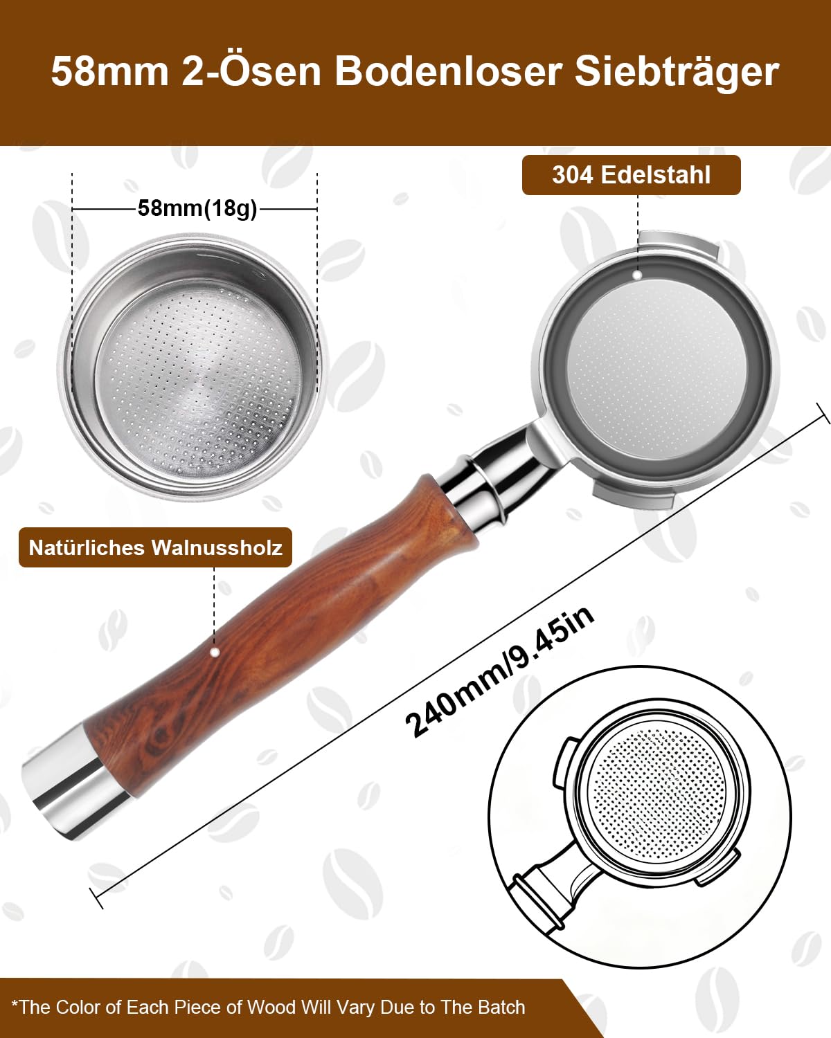 KOFIKOFI Portafiltro sin fondo de 58 mm, 2 orejas sin fondo compatible con cafetera espresso Gaggia Classic con cesta de filtro de acero inoxidable 304, colador, mango de madera