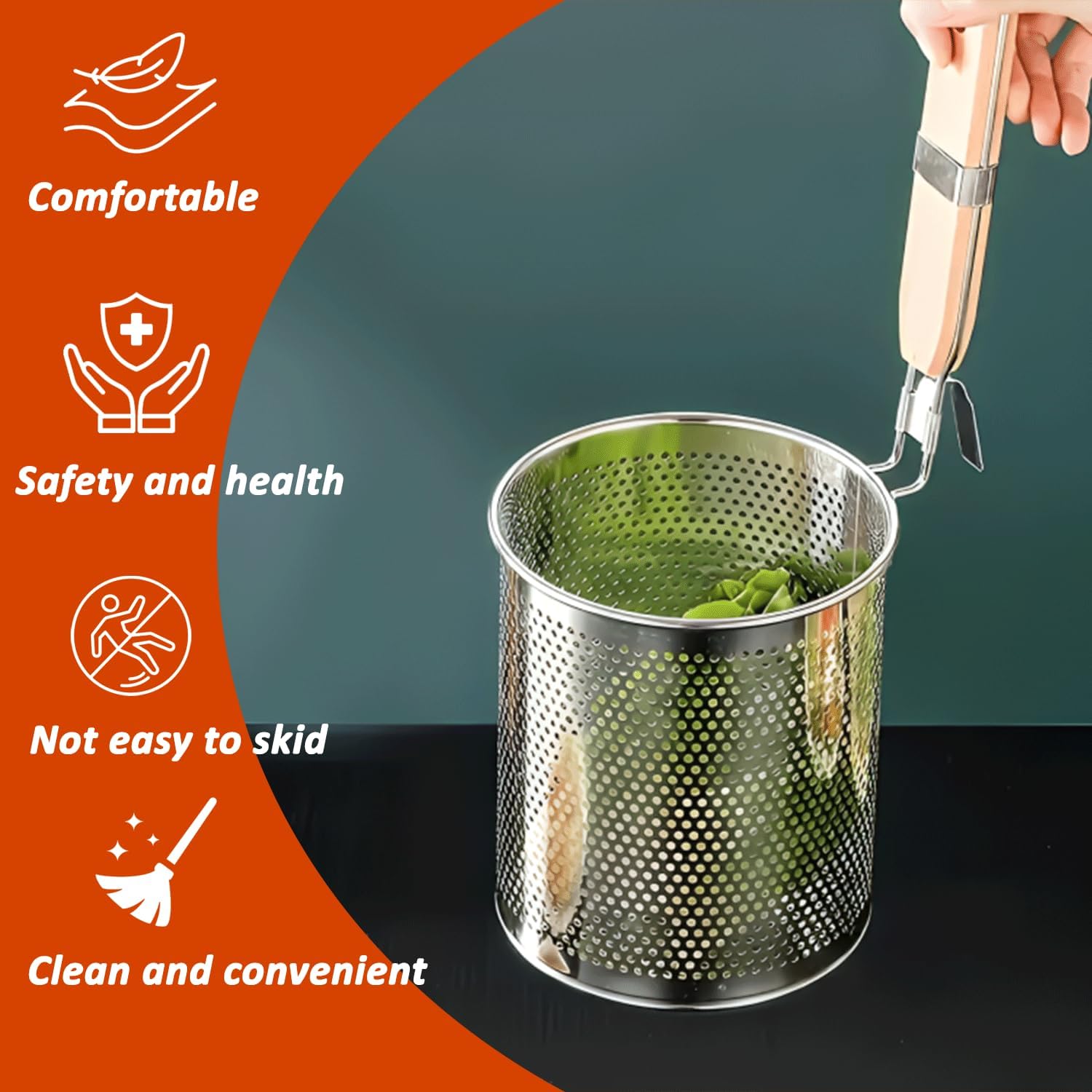 Noodle Basket (Pack of 2) Pasta Basket for Boiling with Handle, Asian-Style Ramen Noodle Strainer Mesh with 2 Spoon Set, Pasta Cooker for Pots, Stainless Steel for Easy Cooking and Draining