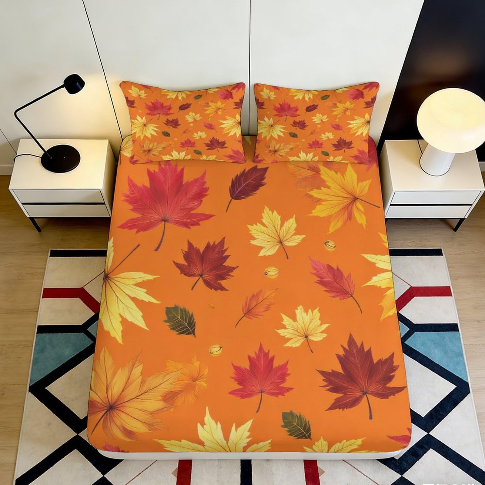 3D Printed Autumn Maple Leaf Fitted Sheet Microfiber Anti-Slip Bedroom Decor Fall Leaves Mattress Cover Washable 90x200x25cm