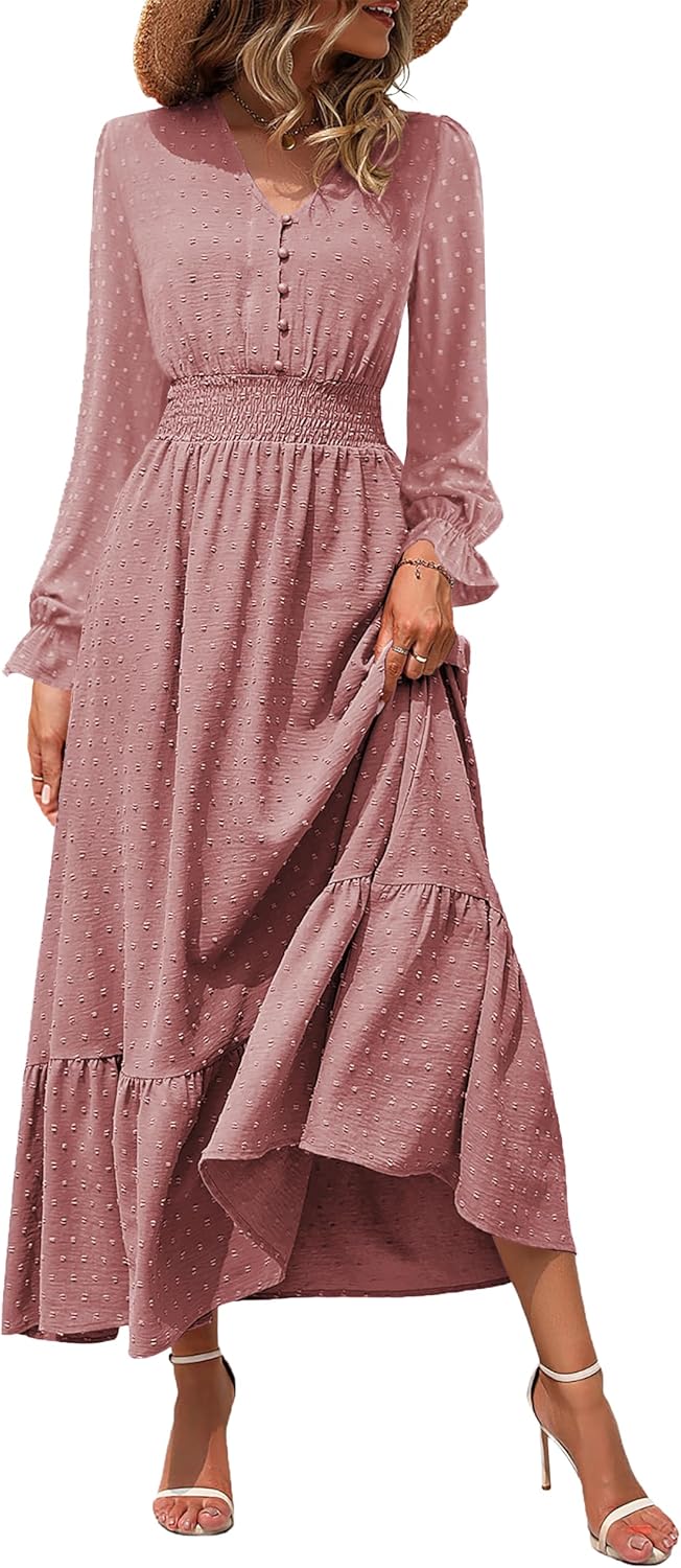 CzzzyL Women Nursing Boho Maxi Dress 2024 V Neck Swiss Dot Smocked High Waisted A-Line Ruffle Tiered Long Dress with Pockets