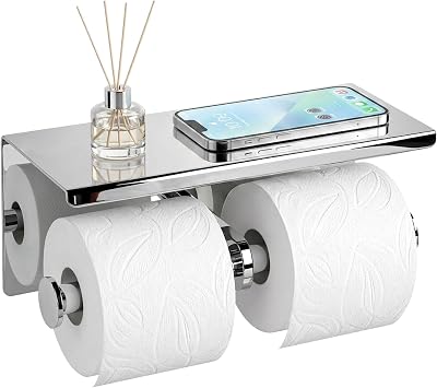 Double Toilet Paper Holder Tissue Roll Rack with Phone Storage Shelf