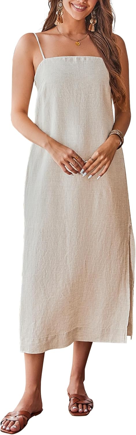 100% Linen Dress Square Neck Sleeveless Spaghetti Strap Summer Casual Midi Summer Dresses with Slit