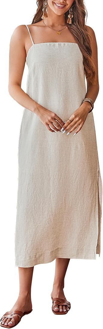 100% Linen Dresses Square Neck Sleeveless Spaghetti Strap Summer Casual Midi Dress with Slit
