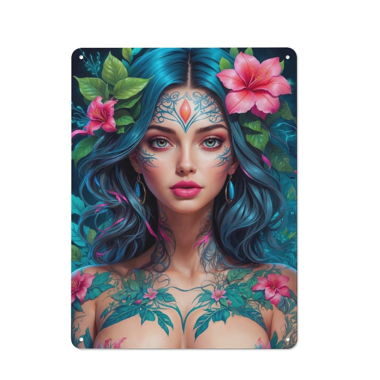 Junmoney Style-20 Floral Anime Portrait Decorative Metal Plaque 40X30cm, Shop Front Style Restaurant Wall Art For Coffee Bar, Small Shop Or Dining Room
