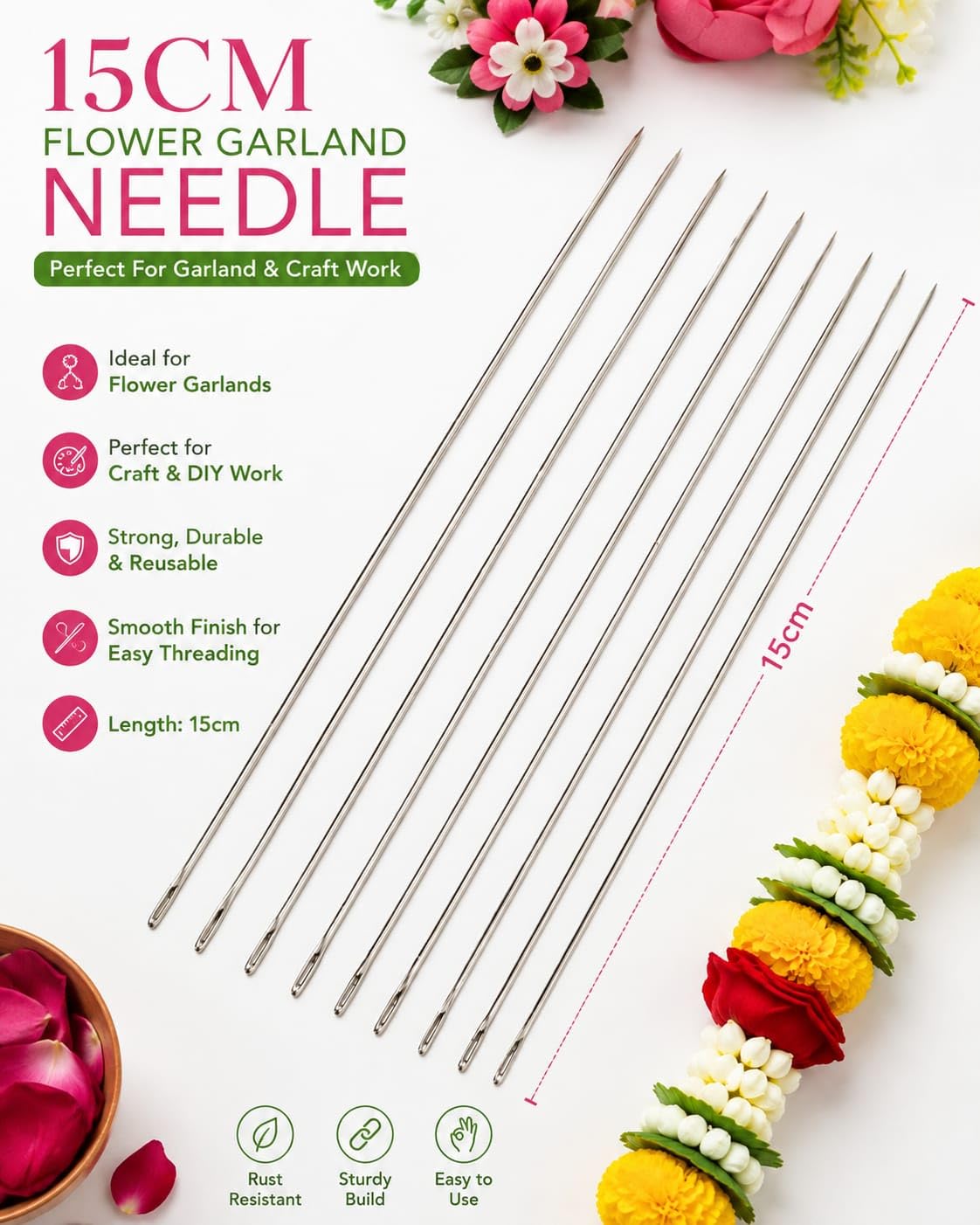 Hookcart Big Size Needle for Making Flower Garland, Big Eye Needle, Long 15cm, Pack of 1 (10 Pieces) 4