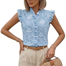 Floral Jacquard Ruffled Blouses for Women-V Neck Cap Sleeve Embroidered Summer Boho Cute Dressy Casual Tops