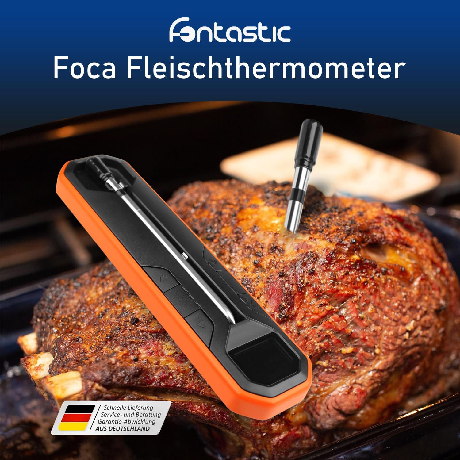 Fontastic “Foca” Fleischthermometer kabellos mit App – Grillthermometer für punktgenaues BBQ, Thermometer kochen 0-275°C, Grillthermometer Bluetooth aus Edelstahl mit Keramik-Griff, IP67