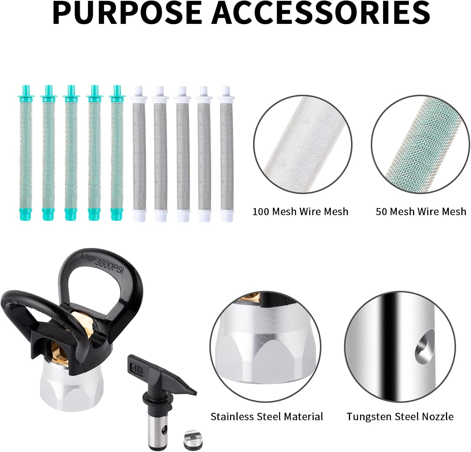 16 Pcs Airless Paint Sprayer Gun with Nozzle Guard,5 Spray Tips,10 Filters，3300PSI High Pressure Swivel Joint for House Interior and Exterior,Garden,Fences（211,313,415,517,623）