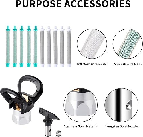 Miniatura 5 de 16 pistolas pulverizadoras de pintura sin aire con protector de boquilla, 5 puntas de pulverización, 10 filtros, junta giratoria de alta presión de