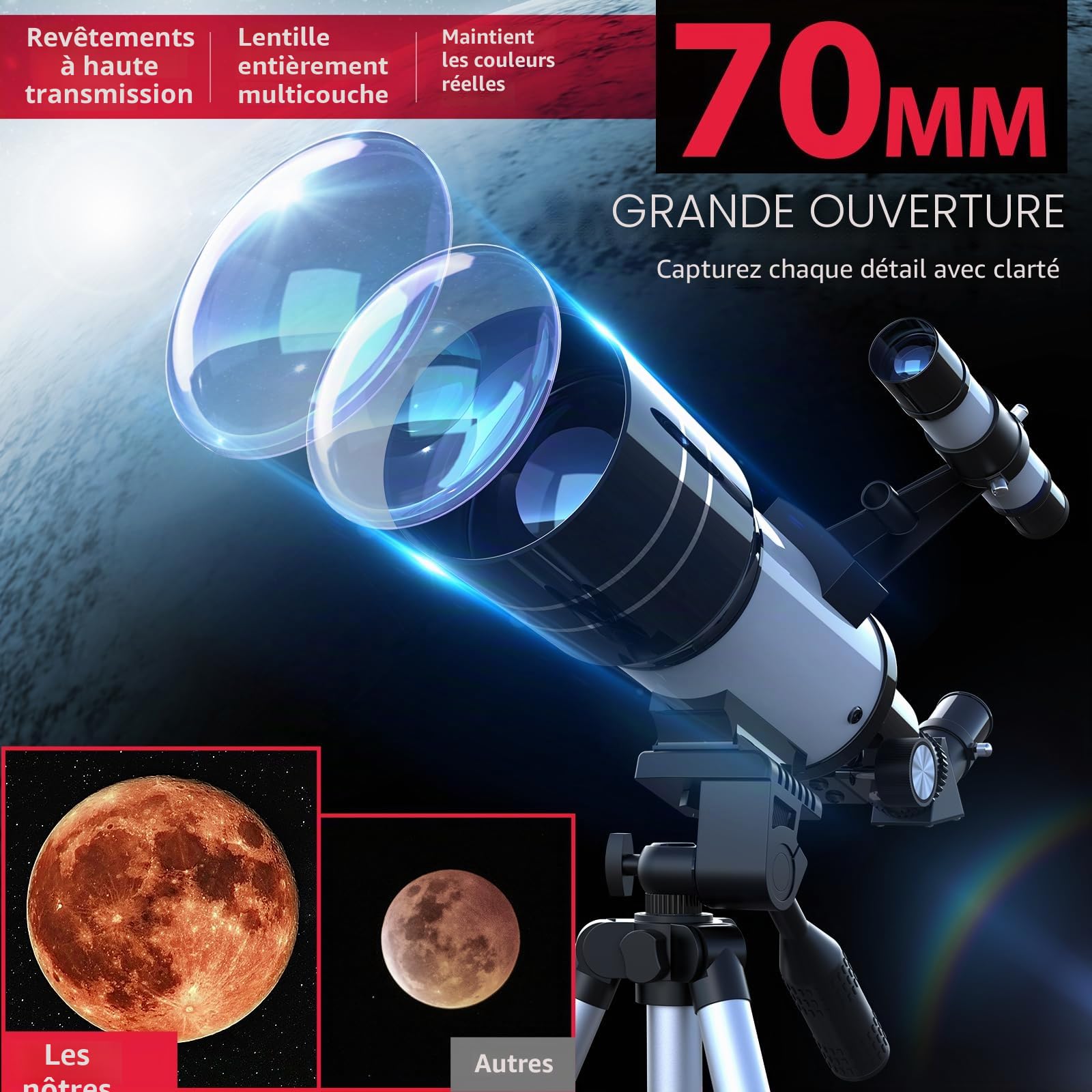 Télescope pour Débutants, Télescope Astronomique Réfracteur 70mm d'Ouverture avec 300mm de Distance Focale, Grossissement 15X-150X, Trépied, Adaptateur pour Téléphone, Télécommande sans Fil
