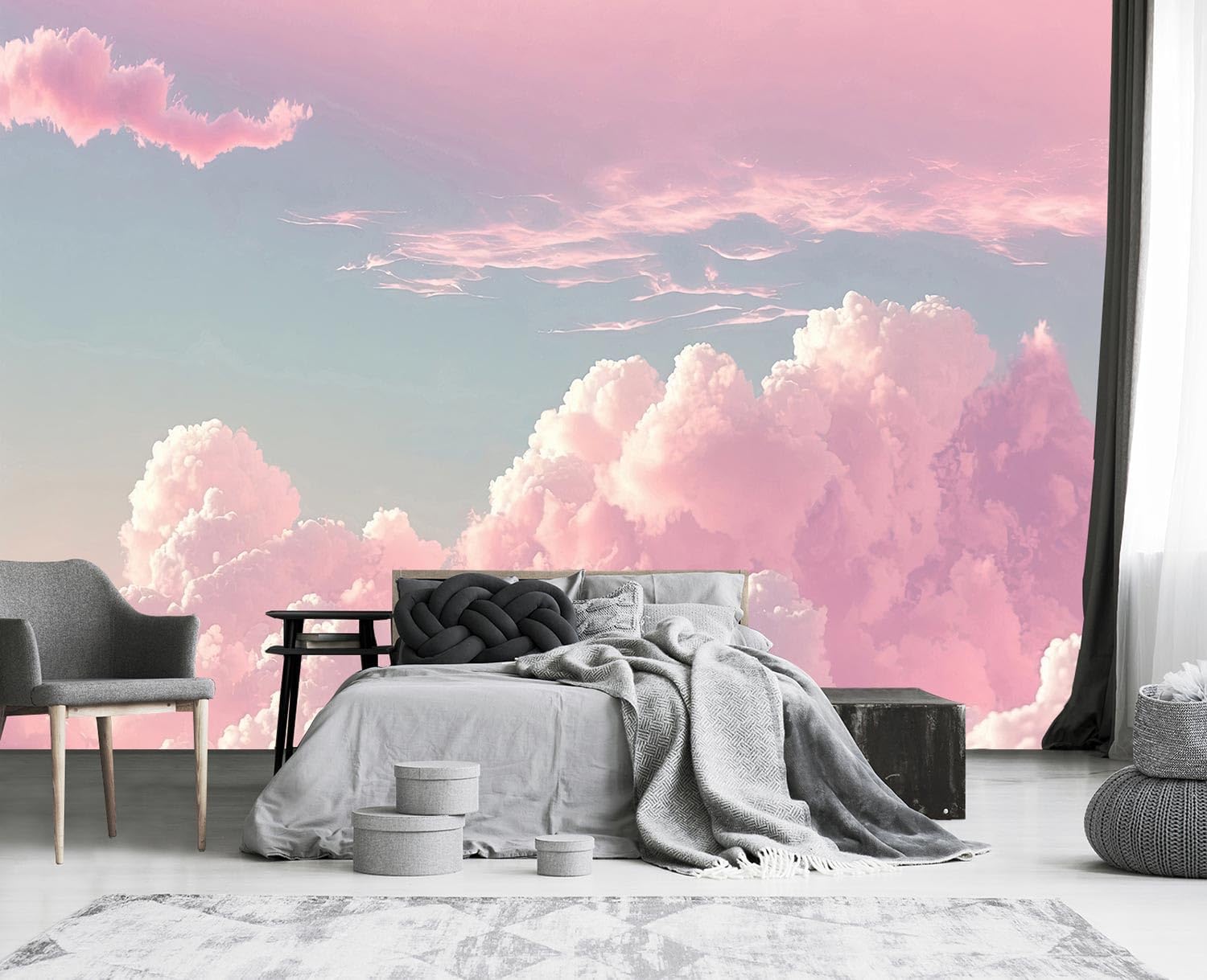ELGADO Pink Clouds 3D Wallpaper, Sky Scenery Peel and Stick Mural, for Bedroom Living Room TV Background, 78.7" W x 55.2" H