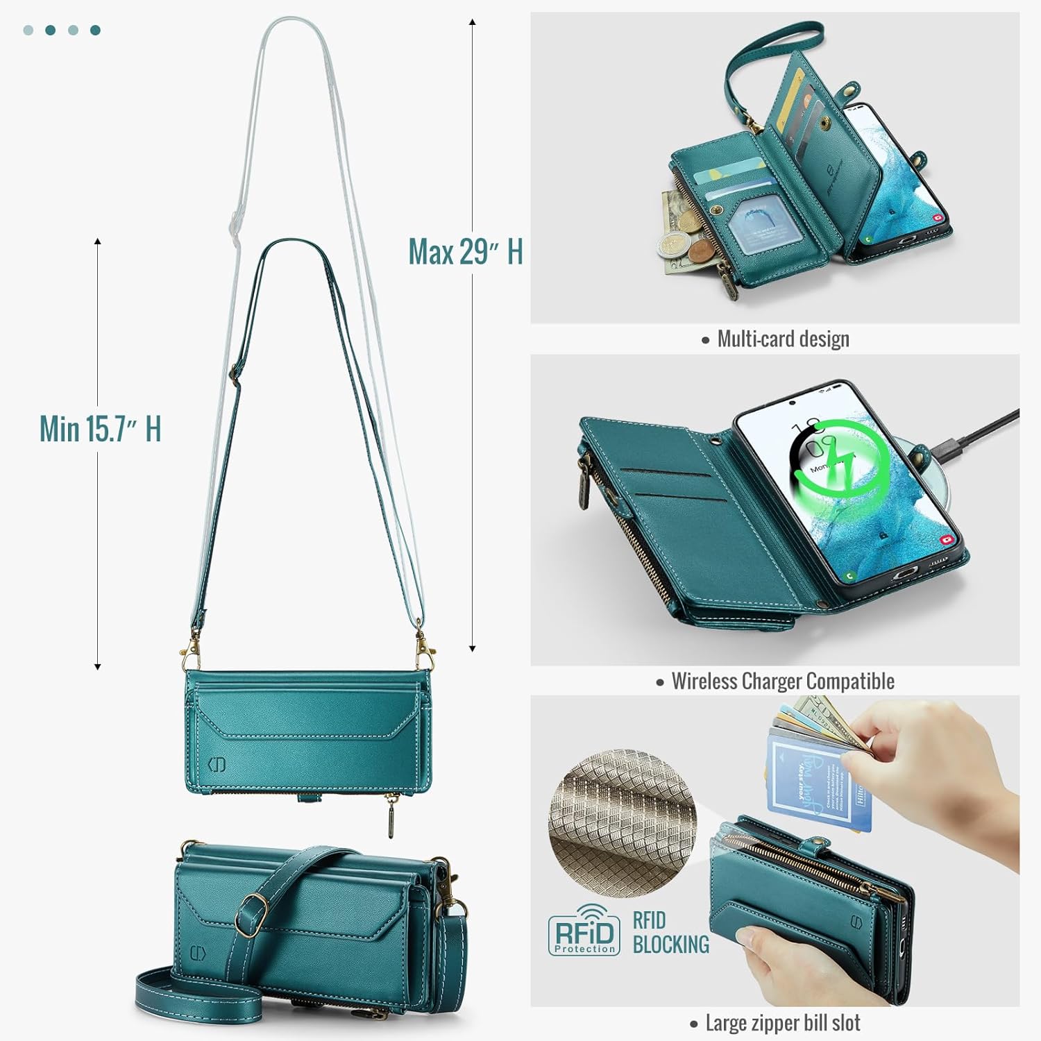 Strapurs Crossbody Wallet Case Compatible with Samsung Galaxy S22 5G RFID Blocking Card Holder Soft PU Leather Magnetic Snap Shoulder Strap Zipper Pocket Phone Case Fit for Galaxy S22 6.1" - BlueGreen