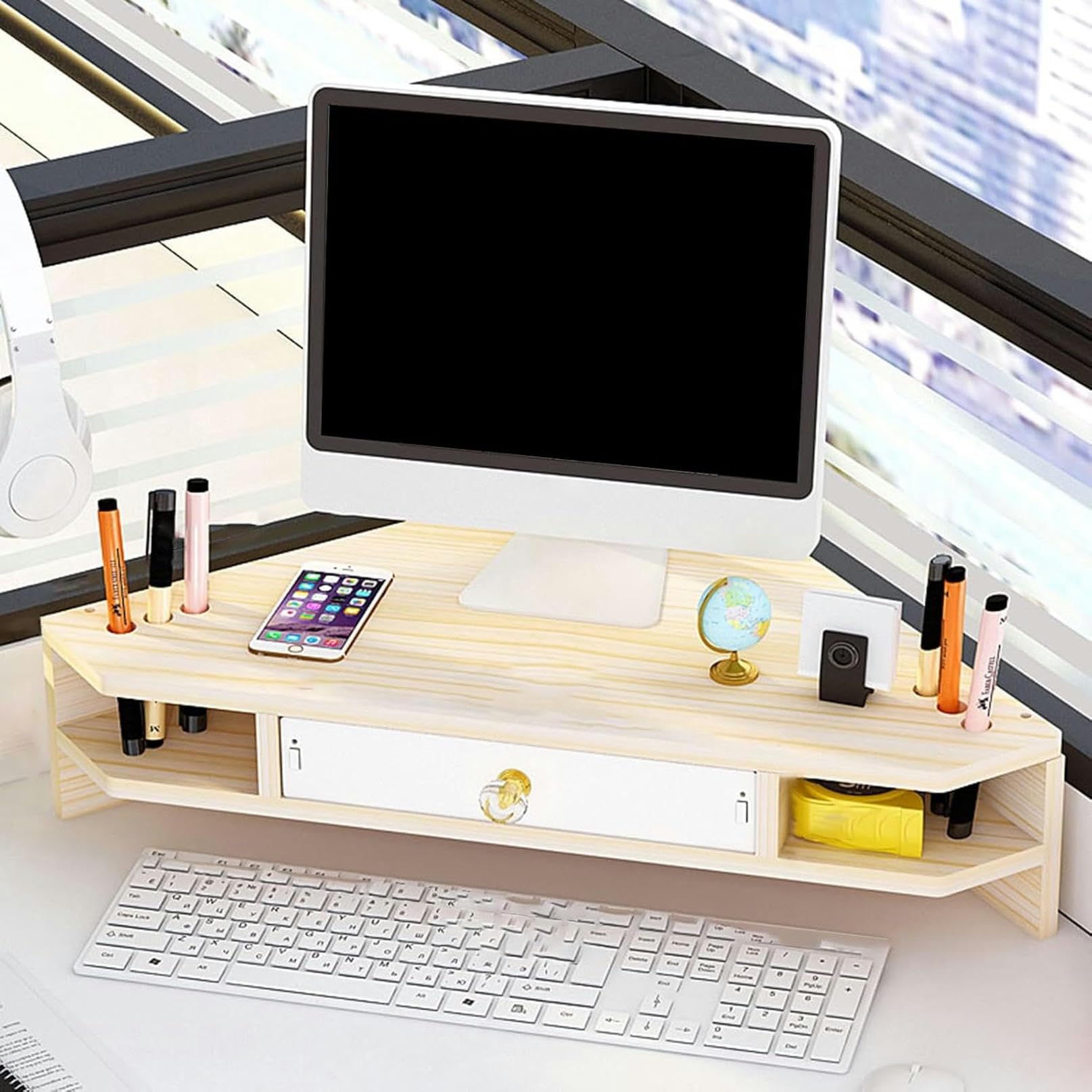 Support d'angle pour moniteur en bois avec tiroir et porte-stylo