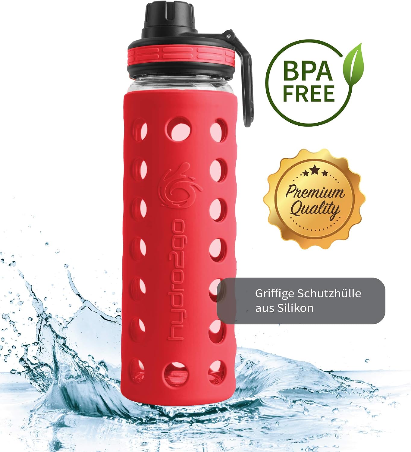 hydro2go Glass Water Bottle with Silicone Sleeve, 2 Lids, 100% Leak-proof & BPA-free, Dishwasher Safe, 550 ml, Kids, Office - Image 3
