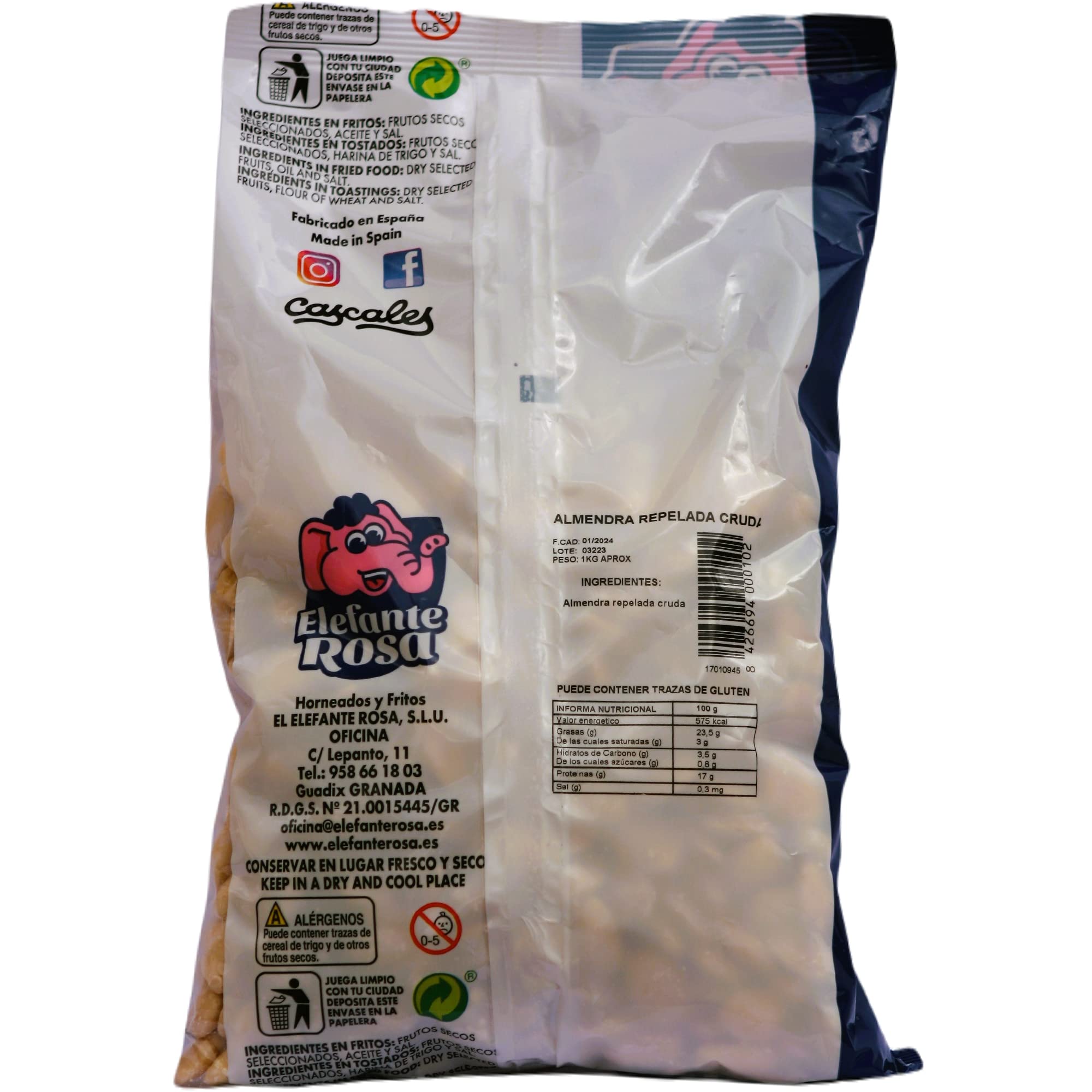 Almendras Peladas Crudas Bolsa de 1 Kg El Elefante Rosa - Fuente Rica y Saludable de Proteínas y Vitaminas - Almendras Naturales Enteras para una Dieta Balanceada y Snack Saludable