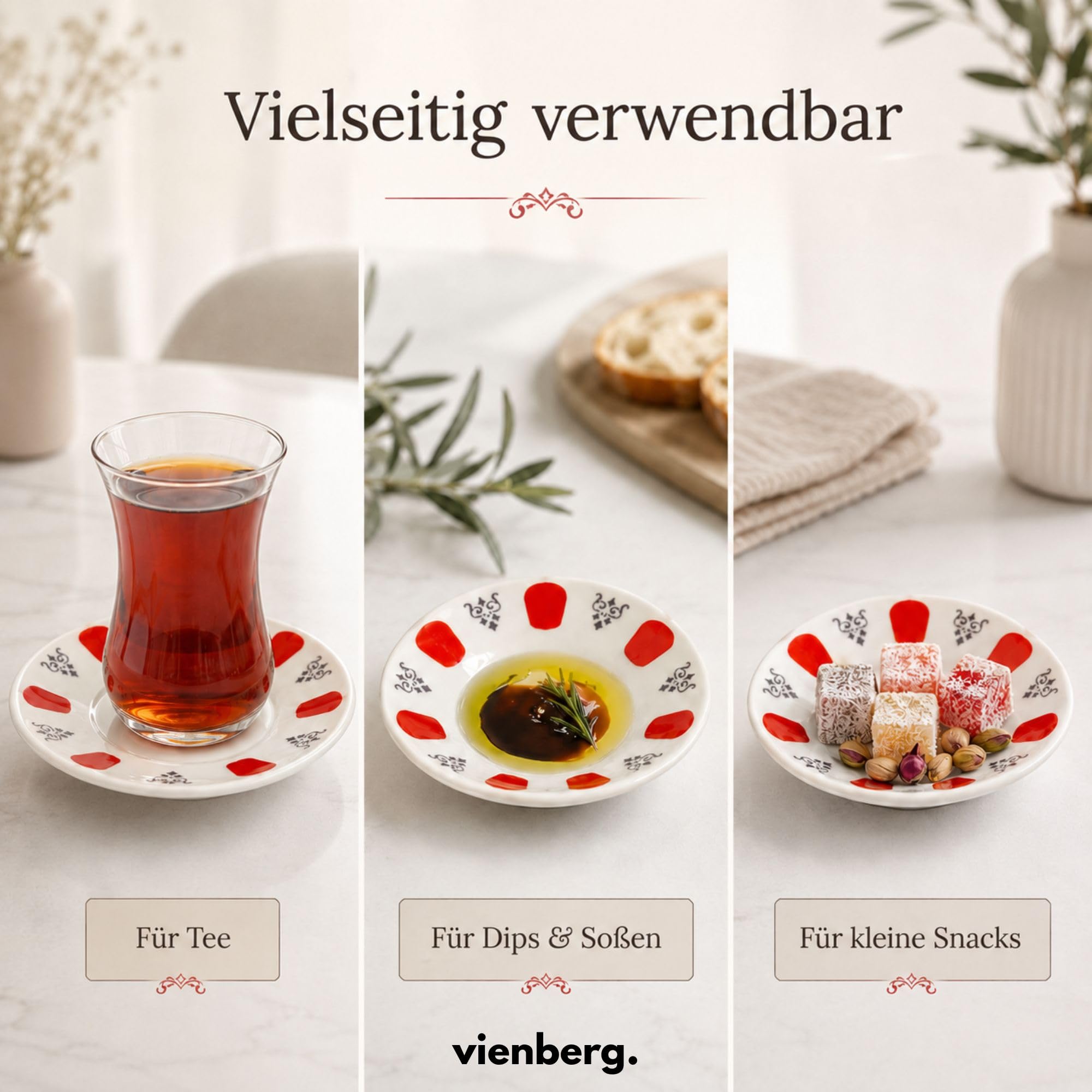 6er Set Unterteller für Teegläser, Türkische Teeteller aus Porzellan, 11 cm, Teeglas Untersetzer, Dip- und Soßenschälchen, Snackteller, spülmaschinengeeignet, Acem-Dekor