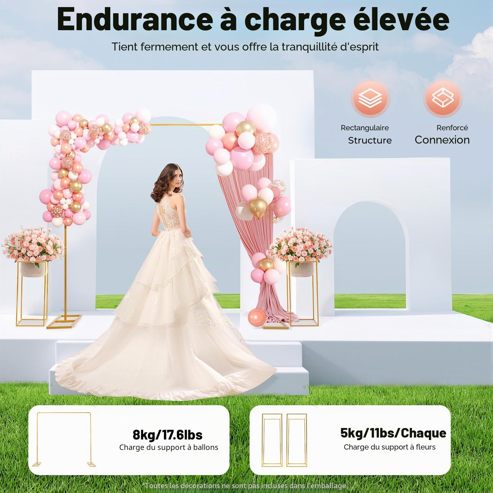 Lot de 2 supports d'arche de mariage en métal de 2 x 2 m, toile de fond et arche de ballons, avec 2 colonnes de support de fleurs, convient pour les mariages, les fêtes d'anniversaire, les banquets
