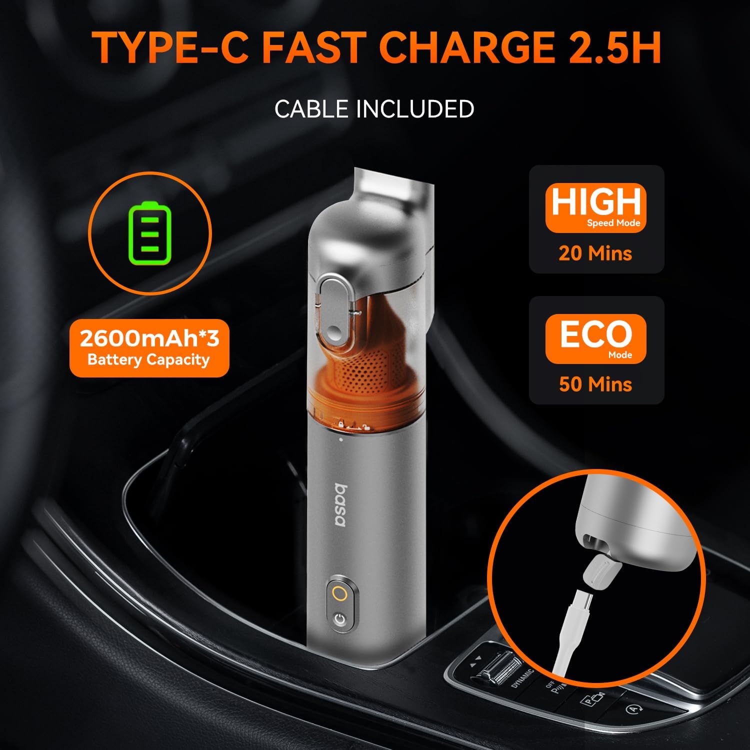 Pocket Car Vacuum with Accessory Kit 6pcs, Cordless, 50 Mins Runtime, 17000pa, 2.5H Type-C Fast Charge, Mini Handheld Vacuum for Home and Outdoor, M3