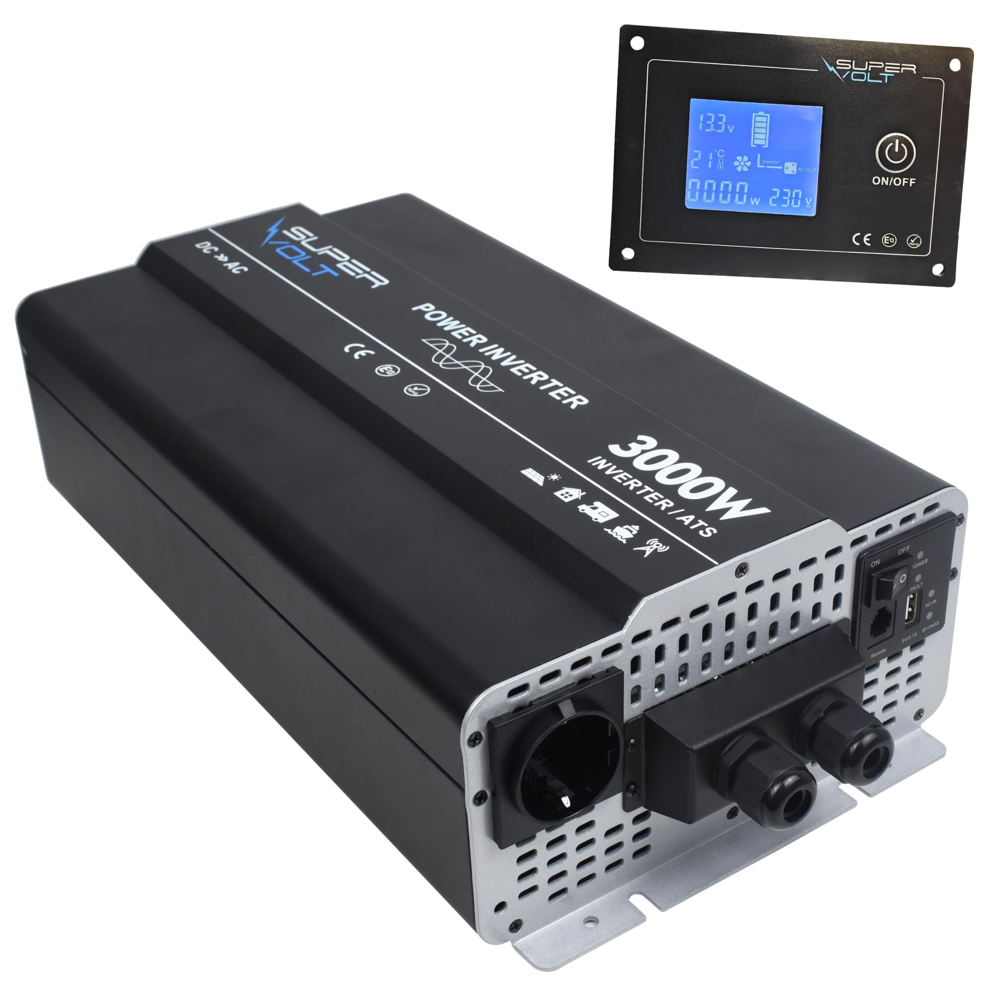 Falownik 12 V na 230 V, 3000 W, czysty sinus z przełącznikiem priorytetowym i ochroną FI, do wrażliwych urządzeń, z pilotem zdalnego sterowania, USB i puszkami Schuko, idealny do kamperów