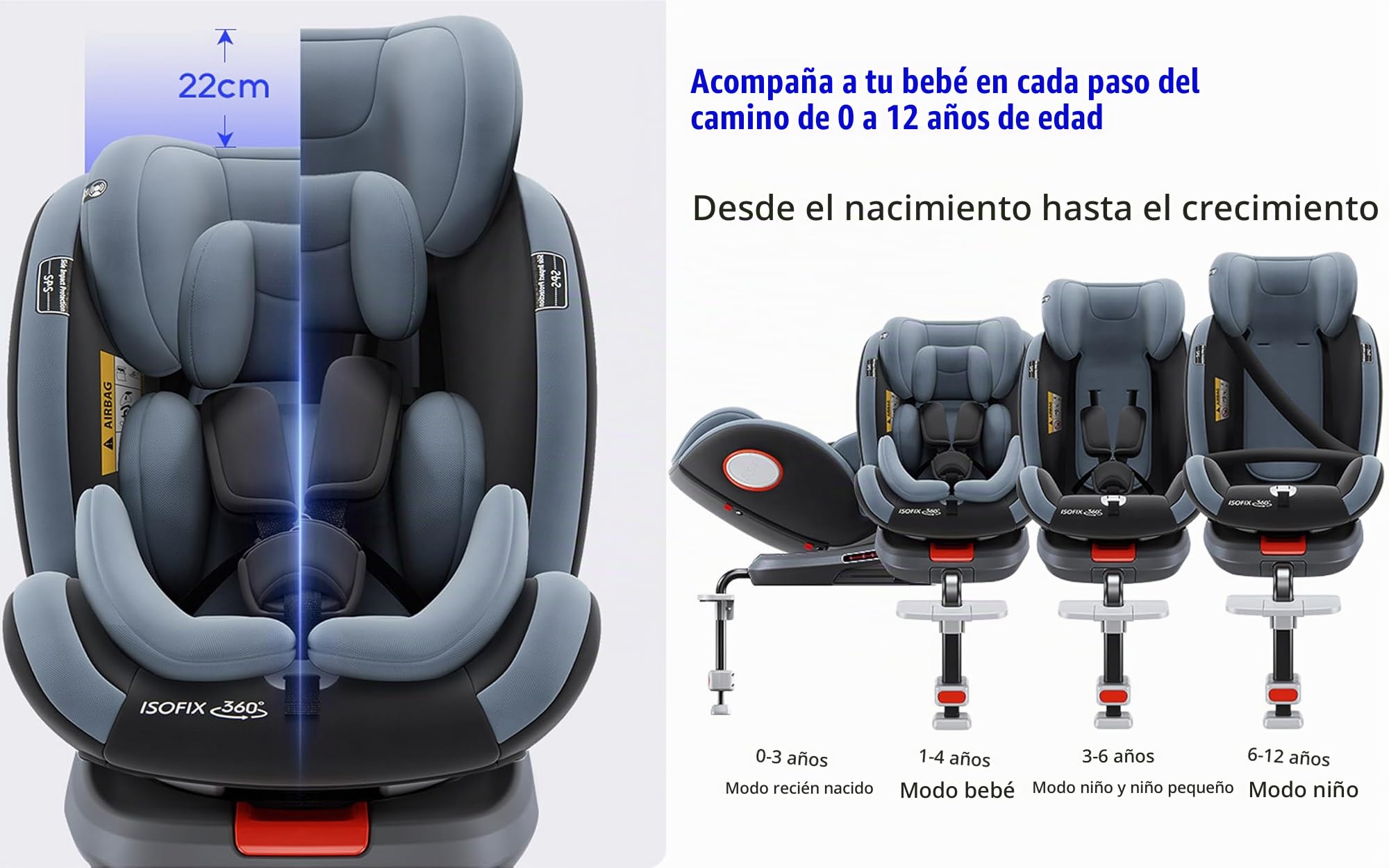 Nine point nine Giratorio 360° Silla Coche, Altura e Inclinación Ajustables Silla Coche Bebe, Anticolisión Sillita Bebe Coches, Fácil de Limpiar Sillita Bebes Coches (Grey with Foot Rest Frame)