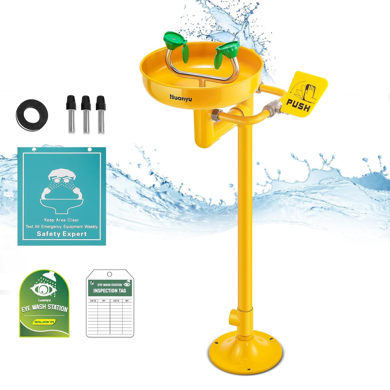 Huanyu Stand Up Eye Wash Station Floor Mounted Eyewash Station Adjustable Water Flow Emergency Eye Washing Station Stainless Steel with Eye Wash Sign Factory (1207 Yellow)