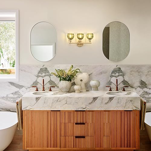 Miniatura 9 de Lámpara de baño, lámpara de pared de latón de 3 luces sobre espejo con pantalla de cristal de tulipán verde para dormitorio, sala de estar (bombilla