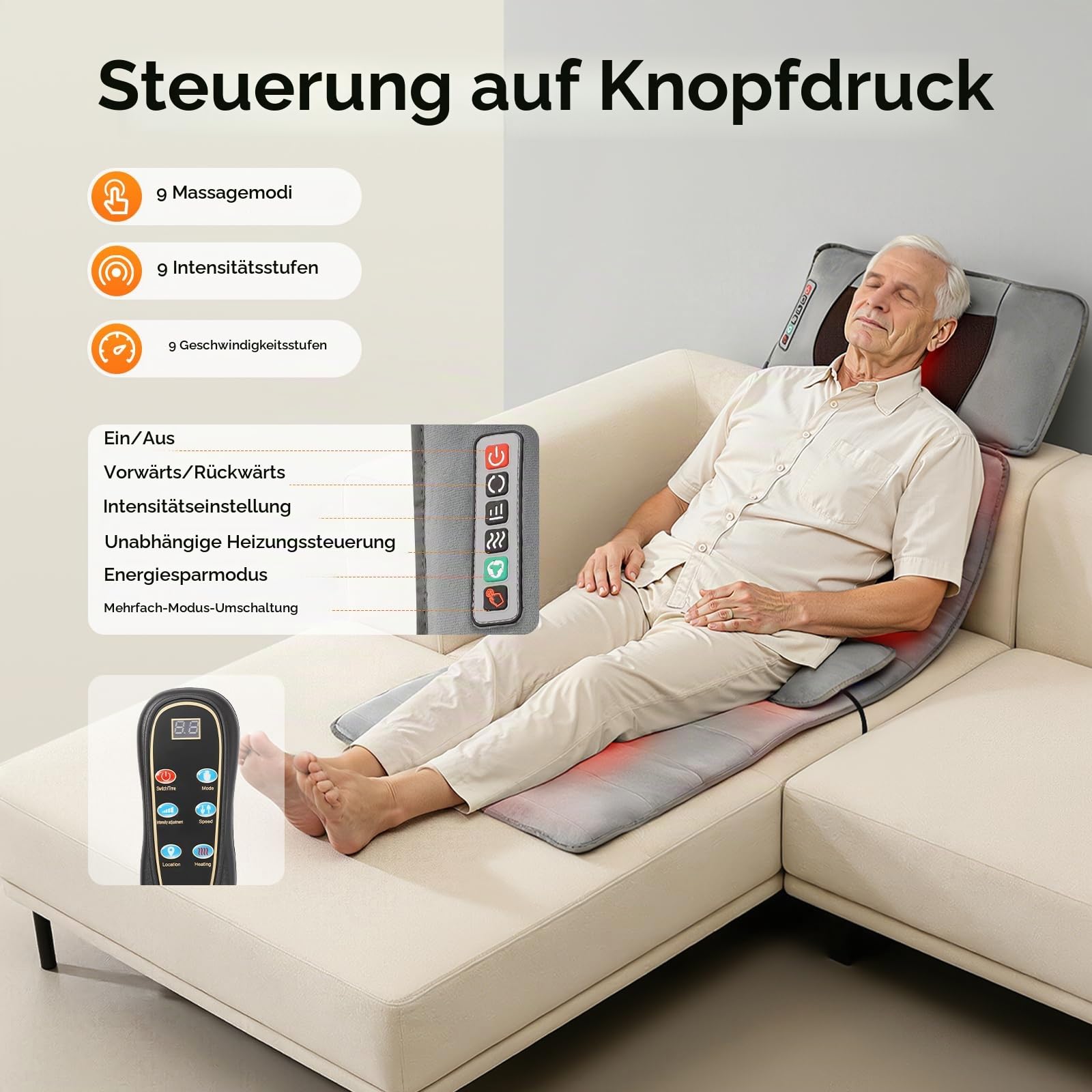 Massagematte Ganzkörper Massagekissen 9 Arten Massage-Modus Ganzkörpermassagematte mit Heizfunktion,Timing-Funktion,für Nacken, Rücken,Taille, Hüften