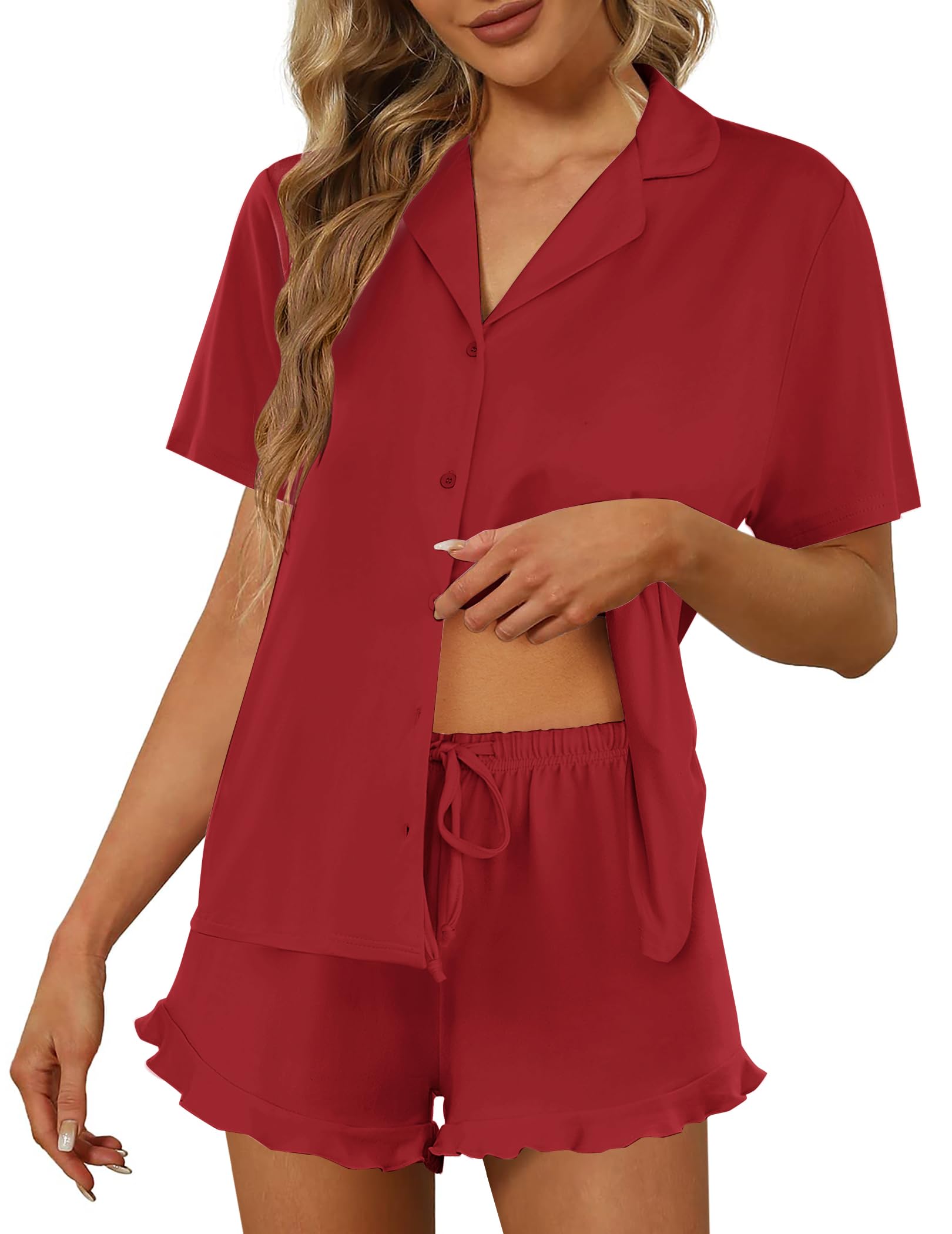 Ekouaer Pajamas Set for Women Short Sleeve Sleepwear Button Down Ruffle Pjs | Soft Pjs Shorts Set, Notch Collar, Lounge Sets for Sleep, Lounge, Wedding, Bridal Party