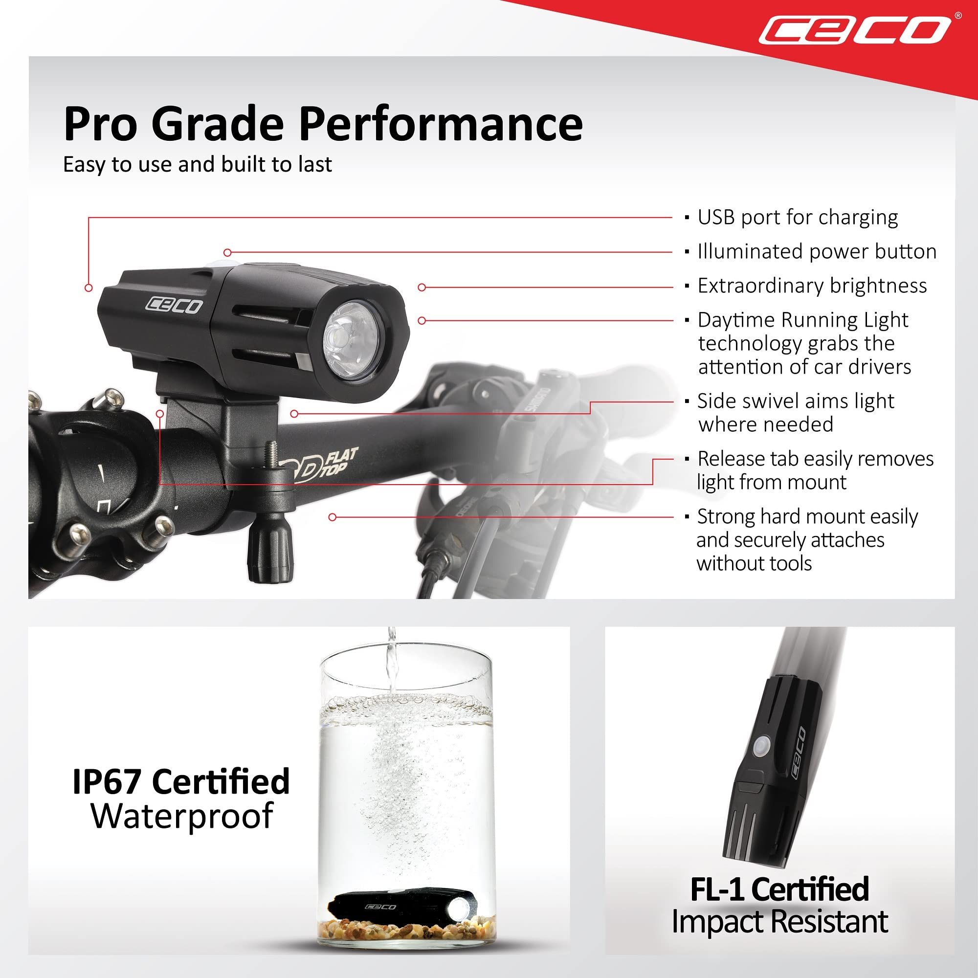 CECO -USA: 1.200 lumen USB ricaricabile luce bici – Resistente e durevole IP67 impermeabile e FL-1 resistente agli urti – Faro per bicicletta modello F1200 super luminoso – per pendolari, ciclisti su