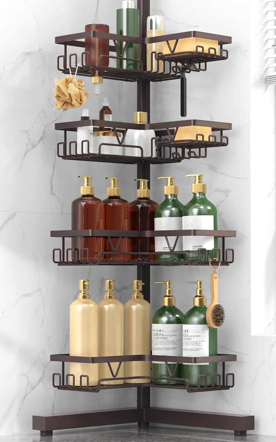 KEGII Floor Corner Shower Caddy Standing, Rustproof 4-Tier Shower Shelf Organizer with Hooks & Soap Holder, Free-Standing Bathroom Storage Rack for Shampoo & Toiletries, Bronze