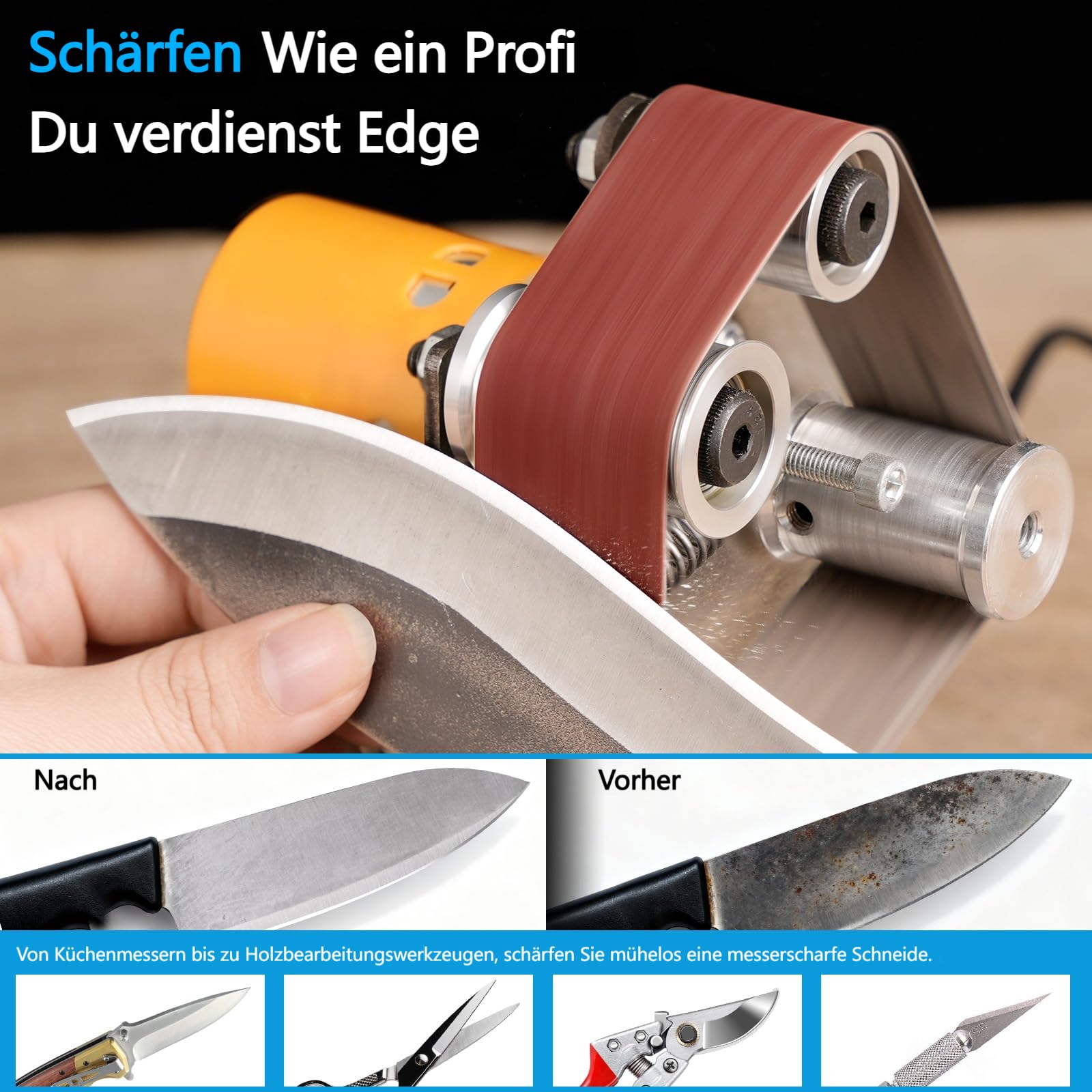 SI FANG Mini Bandschleifer，Elektrischer Band Schleifmaschine，7-Stufig Einstellbare Messerschärfer mit 20pcs 330x30 mm Schleifbänder Geliefert für Holz- und Metallbearbeitung